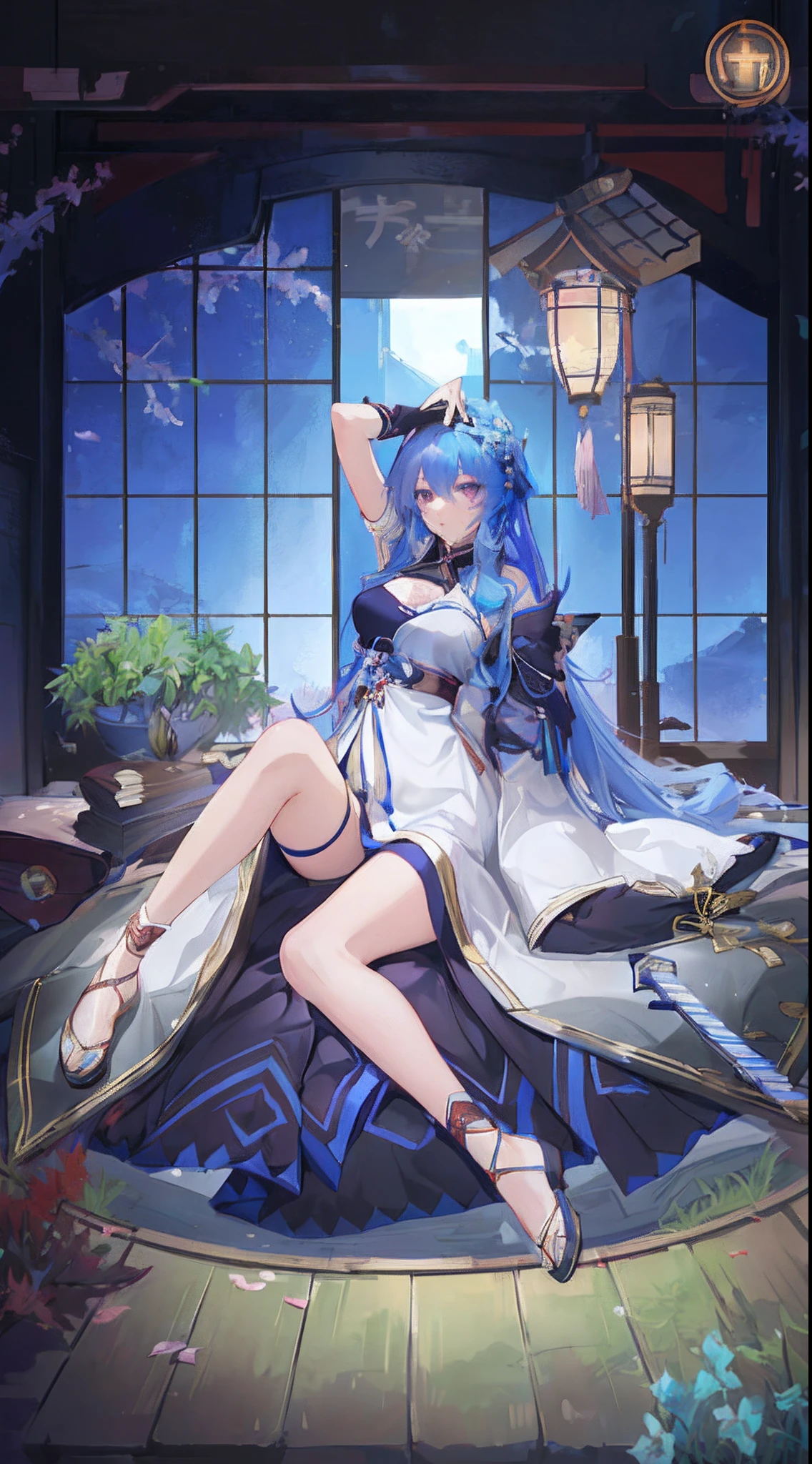 Japan Anime Styles,Detailed writing,Anime girl in white dress sitting on bed with sword, anime goddess, azur lane style, hestia, from the azur lane videogame, aqua from konosuba, keqing from genshin impact, high detailed official artwork,from arknights, hd artwork, full-body xianxia, Onmyoji
