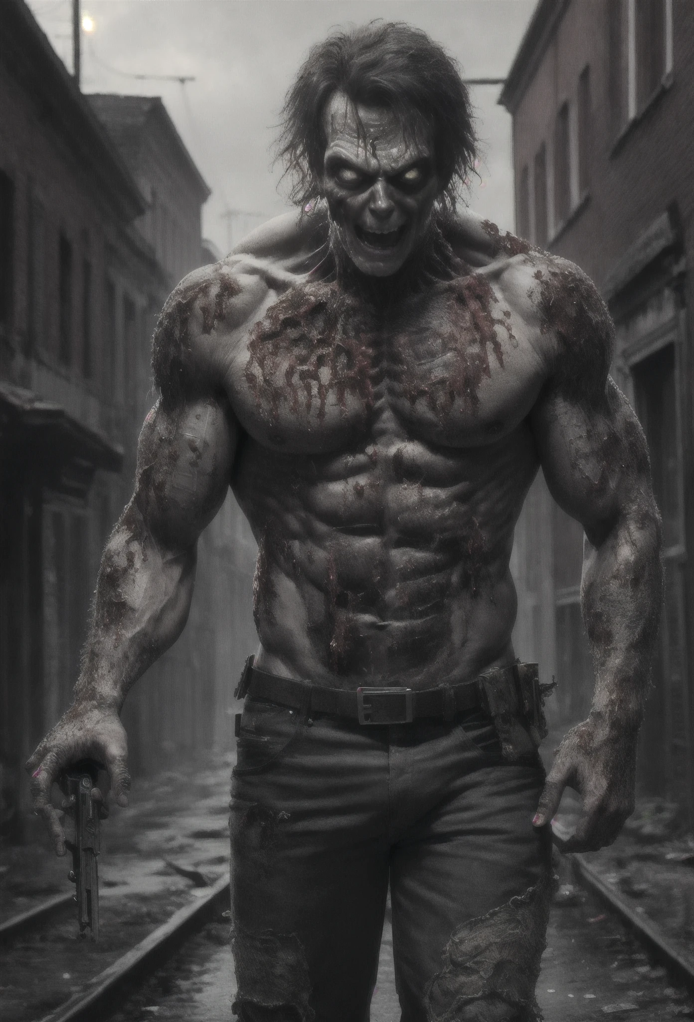 (extremely detailed 8K wallpaper), Full-length photo, A formidable zombie, Intricate, With high detail, dramatic