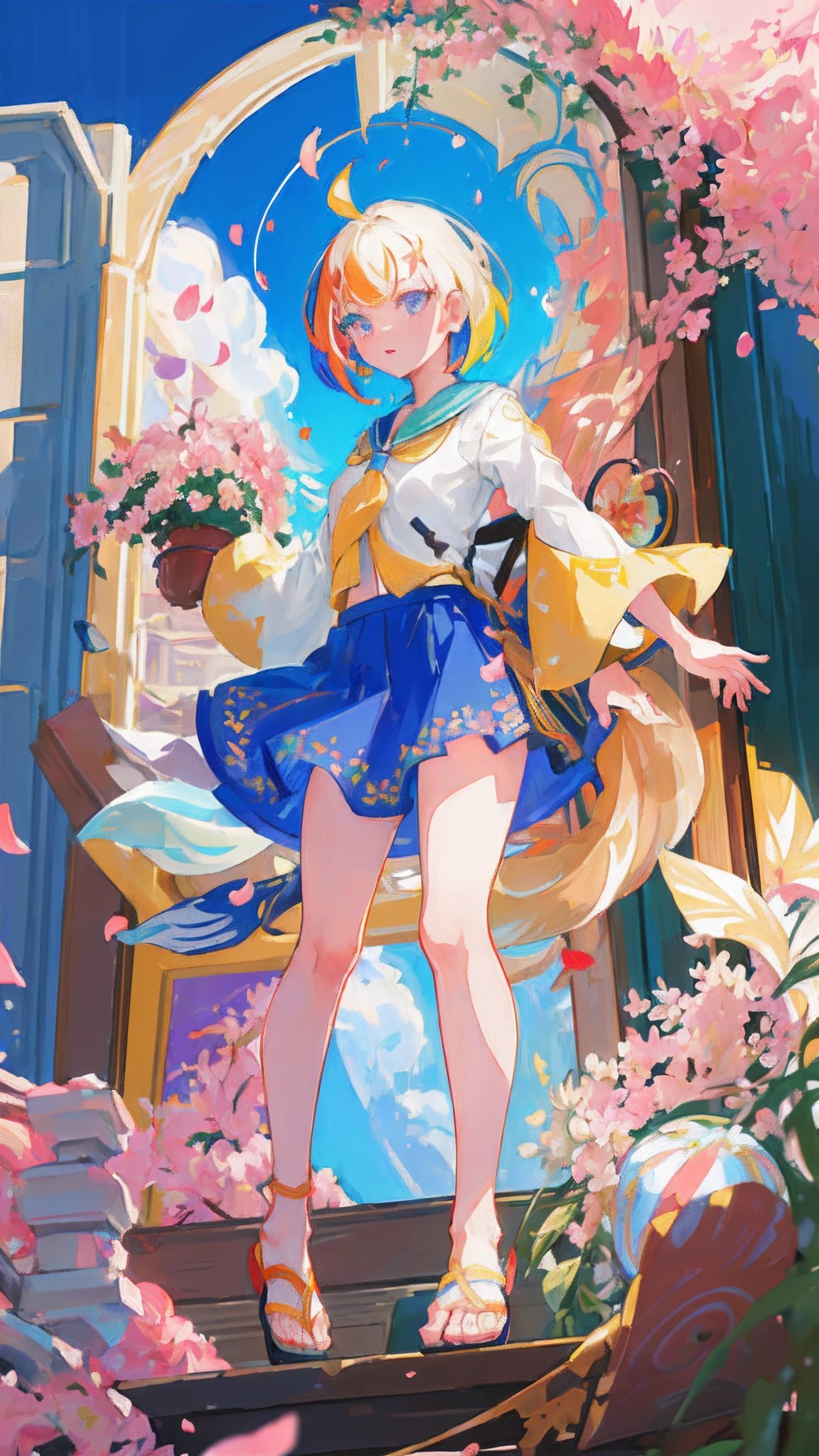 (best quality),(masterpiece:1.2), (highres), (extremely detailed), (highly detailed face), (highly detailed eyes), whole body, 1girl, (solo) , radiance, small breasts, (colorful hair:1.2) ,(colorful eyes), double tail, (falling petals:1.2), short hair, shirt, skirt, leg, foot, sky, wood, pot plants, sandal, window frame