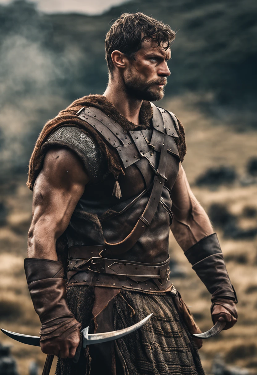 Portrait of a Viking warrior, Armored armor on stone shoulder , Jamie Dornan, very handsome and strong, strong and muscular, tanned and strong, dark short hair, brave warrior, similar to actor Jamie Dornan, standing in front of a burning village, cliffs, close up, attack pose and attitude.