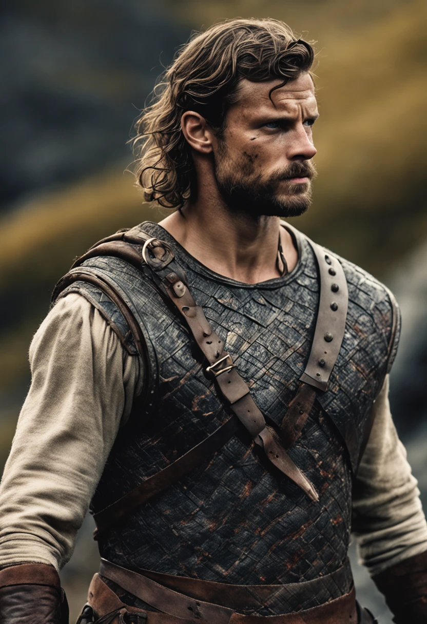 Portrait of a Viking warrior, Armored armor on stone shoulder , Jamie Dornan, very handsome and strong, strong and muscular, tanned and strong, dark short hair, brave warrior, similar to actor Jamie Dornan, standing in front of a burning village, cliffs, close up, attack pose and attitude.