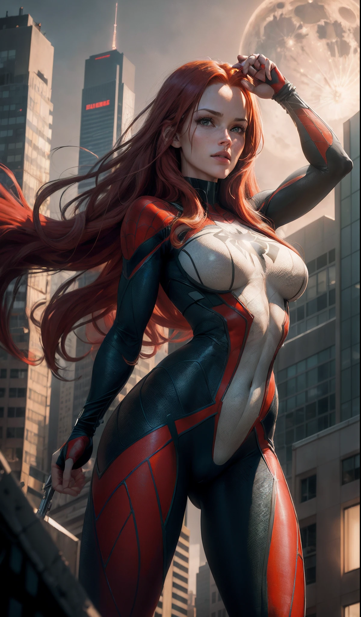 looks like Jennifer Garner from Alias TV series, (Masterpiece, 4k resolution, ultra-realistic, very detailed), (White superhero theme, charismatic, there's a girl on top of town, wearing Spider-Man costume, she's a superhero), [ ((25 years), (long red hair:1.2), full body, (green eyes:1.2), ((Spider-Man pose),show of strength, jumping from one building to another), ((sandy urban environment):0.8)| (cityscape, at night, dynamic lights), (full moon))] # Explanation: The Prompt mainly describes a 4K painting of ultra-high definition, very realistic, very detailed. It shows a superheroine at the top of the city, wearing a Spider-Man costume. The theme in the painting is a white superhero theme, the female protagonist has long red hair, is 25 years old and her entire body is shown in the painting. In terms of portraying the actions of superheroines, spiders are employed, cameltoe, camel toe