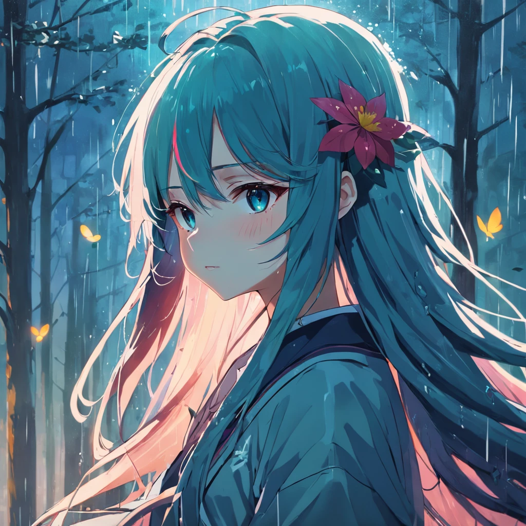 anime girl with long hair and flower in her hair, Beautiful anime artwork, style of anime4 K, Anime art wallpaper 4k,rainy days，janelas，the woods，rain drops