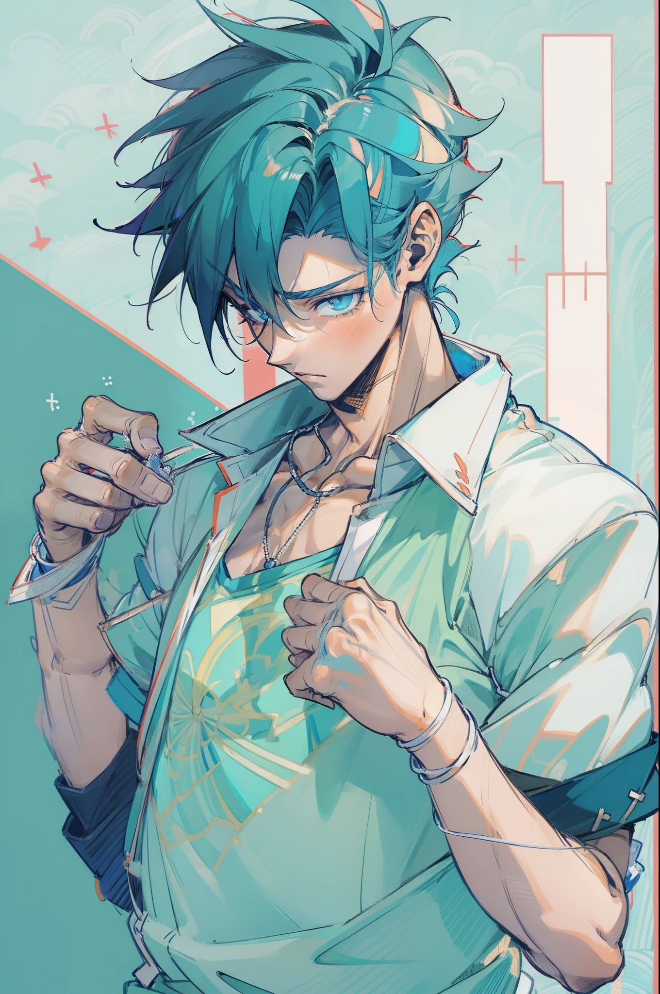 (1boy,masculino),Menino de anime com cabelo azul e uma camisa de beisebol, Estilo anime 2D, musculoso