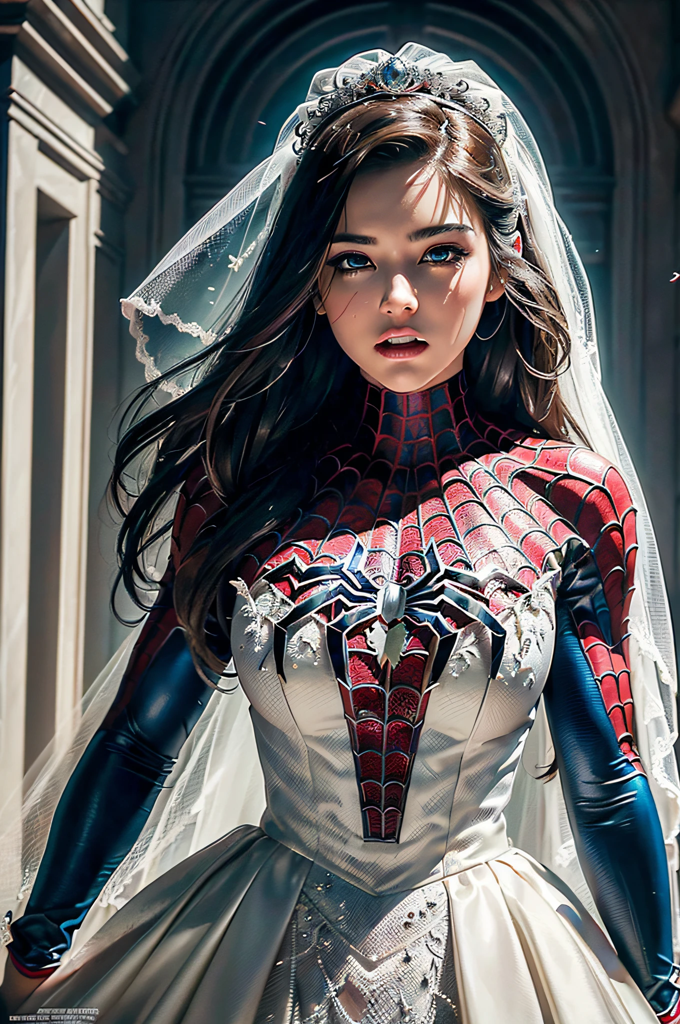 wedding day, best quality, masterpiece, (realistic:1.2), detailed face, beautiful eyes, (masterpiece, top quality, best quality, official art, beautiful and aesthetic:1.2), (1girl:1.4), extreme detailed, (Spider-man Comic cover art:1.1), (Action painting:1.2), (concretism:1.2), theater dance scene, (hypermaximalistic:1.5), colorful, highest detailed,