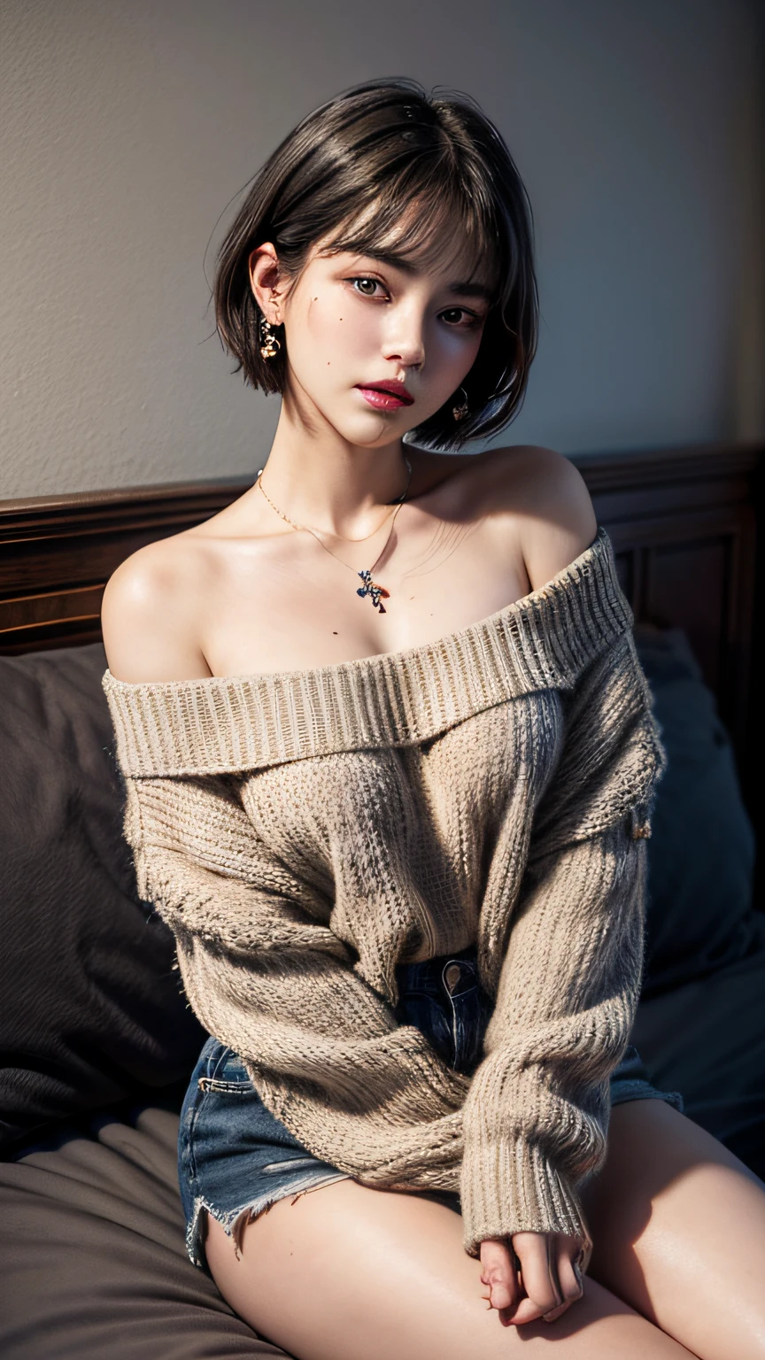 1girl, kpop idol, (Kpop idol), (aegyo sal:1), (short light brown hair:1.2), ((puffy eyes)), looking at the audience, cross-legged, detailed face, smile, (full body), royal sister, superlative, seduction, (realism: 1.4), jewelry, portrait, Disneyland, outdoors, huge breasts, (loose sweater), (denim shorts, super shorts, bare legs, bare feet), sexy seductive pose, medium body,
