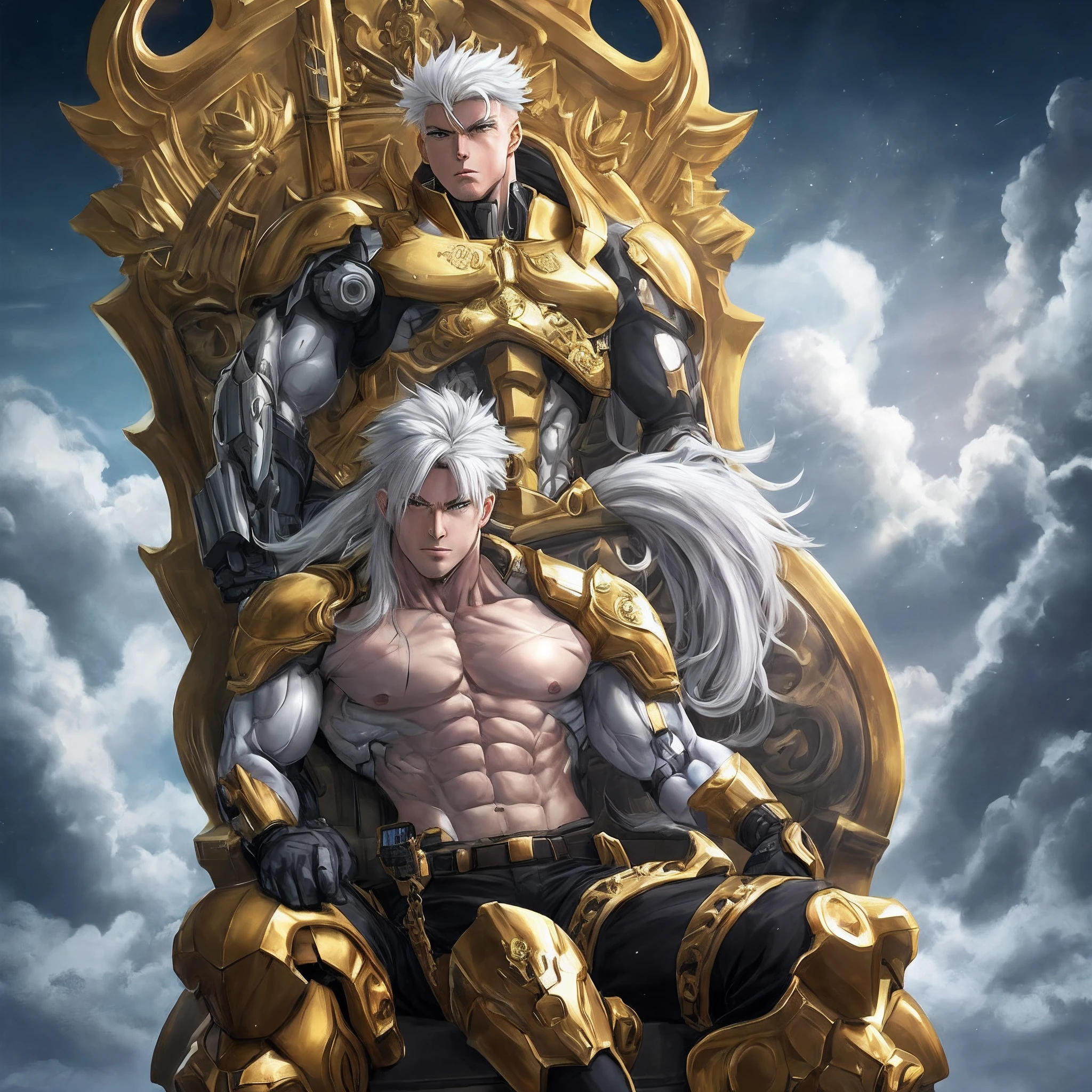 Cyborg, Muscular Anime man, white haired, sitting on a golden throne
