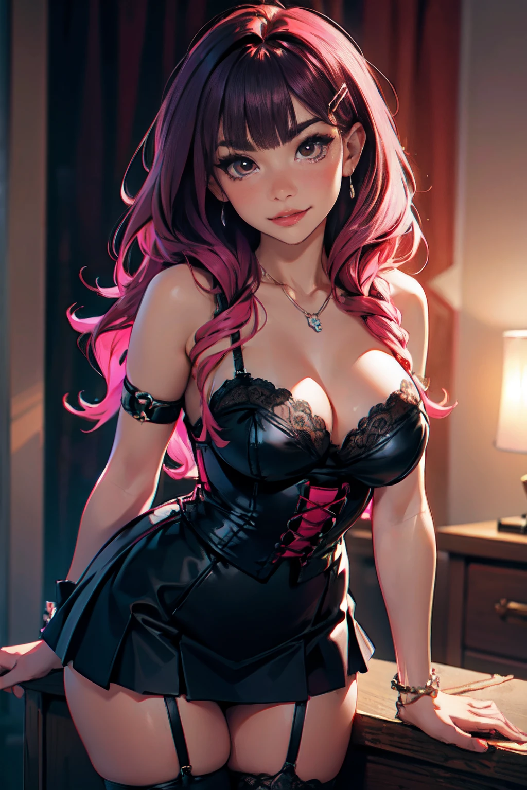 long hair, black hair++, pink hair++, brown eyes+++, blunt bangs++, tousled hair, best quality, smirk++, large breast, narrow waist, petite, plump lips+, thick lips++, nose blush++, long lashes+, black mini skirt++, pink corset++, fishnets++, garter belt++, black combat boots++, lace detailing++, skull necklace++, piercings, jewelry, hairclips+, outside background++, blurry background, close up, leaning forwards++, HD++, 8K+++, highres, thick thighs