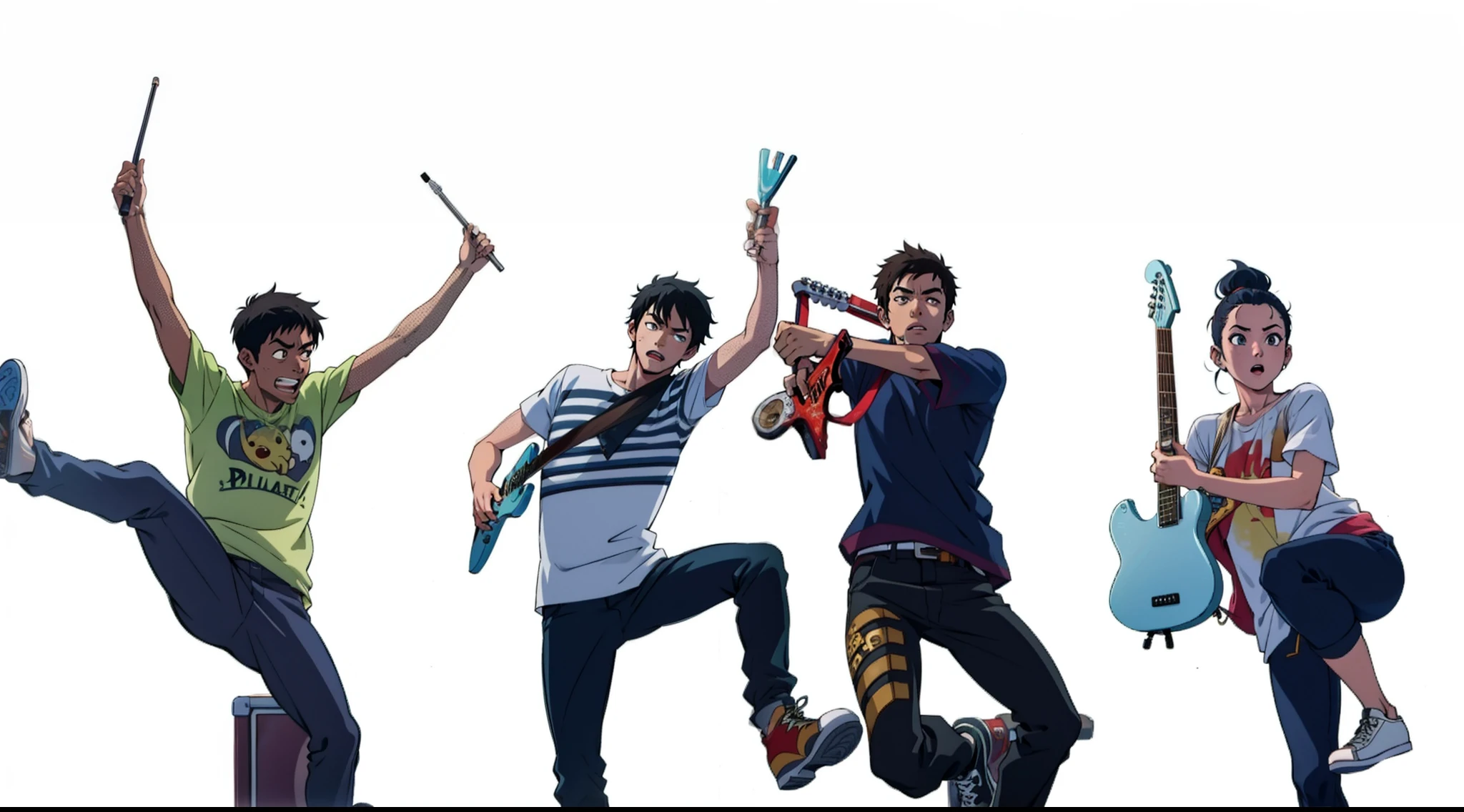 Anime scene, age rock band jumping, a guy on the left with drumstick, girl on the right, holding guitar