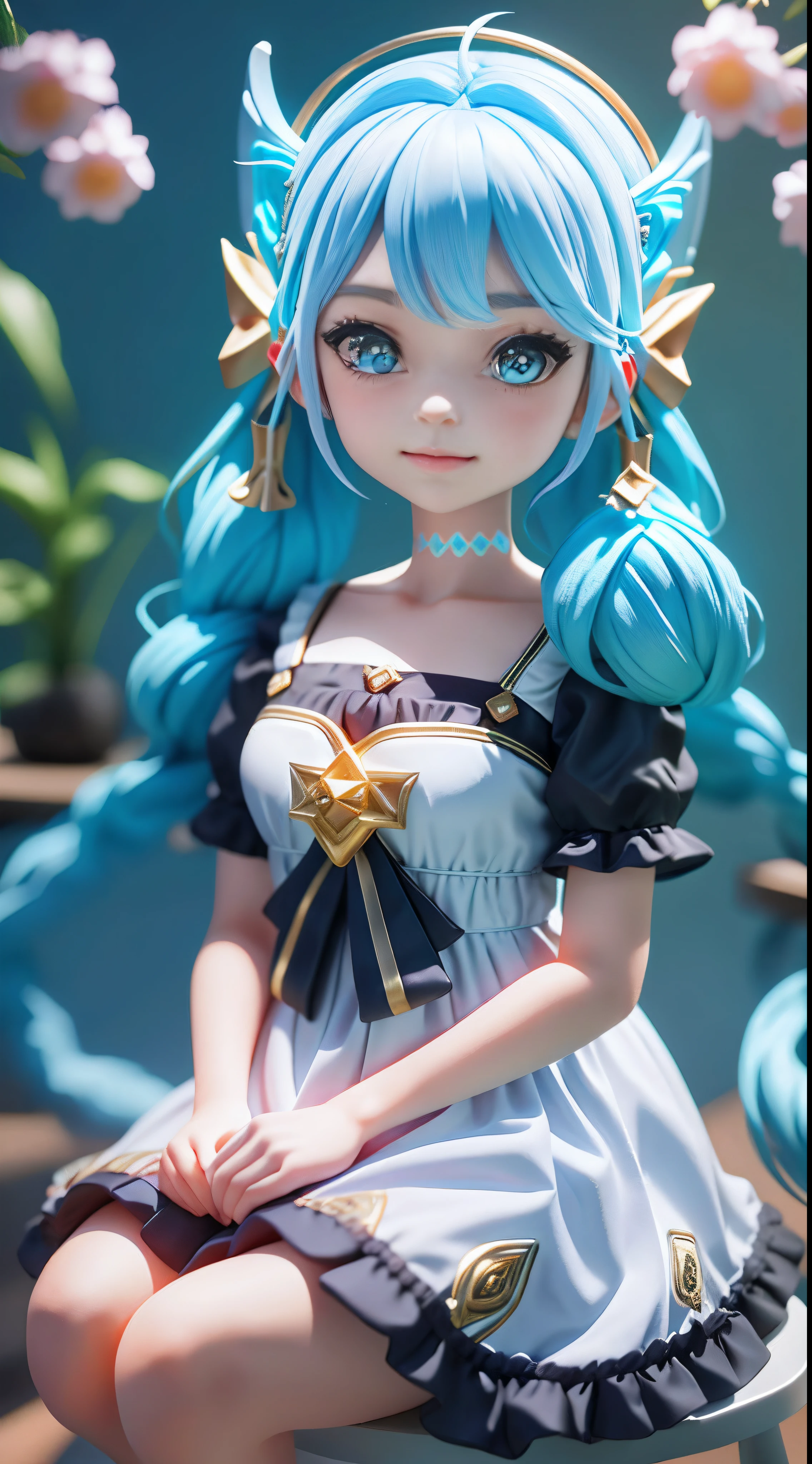 1girll, Black bow, Black gloves, black sock, Blue eyes, Blue hair, clarkbone,Spiral braids, dress, Drill hair, frill dress, frilld, mitts, Gwen\(league of legend), hair adornments,A high resolution,League legendary,long whitr hair,Split lips,Puff sleeves,Pink pupils,Smiled,独奏,White dress,X,Tenth hair ornament,Sitting down,Sit,inside in room,seminude,Delicate hair,Arm carving,Blue hair,blossoms,Delicate shoes,Depiction of facial features,Delicate facial features,Eye portrayal,Delicate hair,Popmart blind box,Clay texture,the golden ratio,Black and white background,natural lightting,Best quality at best,Hyper-detailing,3D art,C4D, OC renderer, a 3D render, 8K,Various actions,Blushlush,Q version,(Big head doll:2),gnome,Round toot