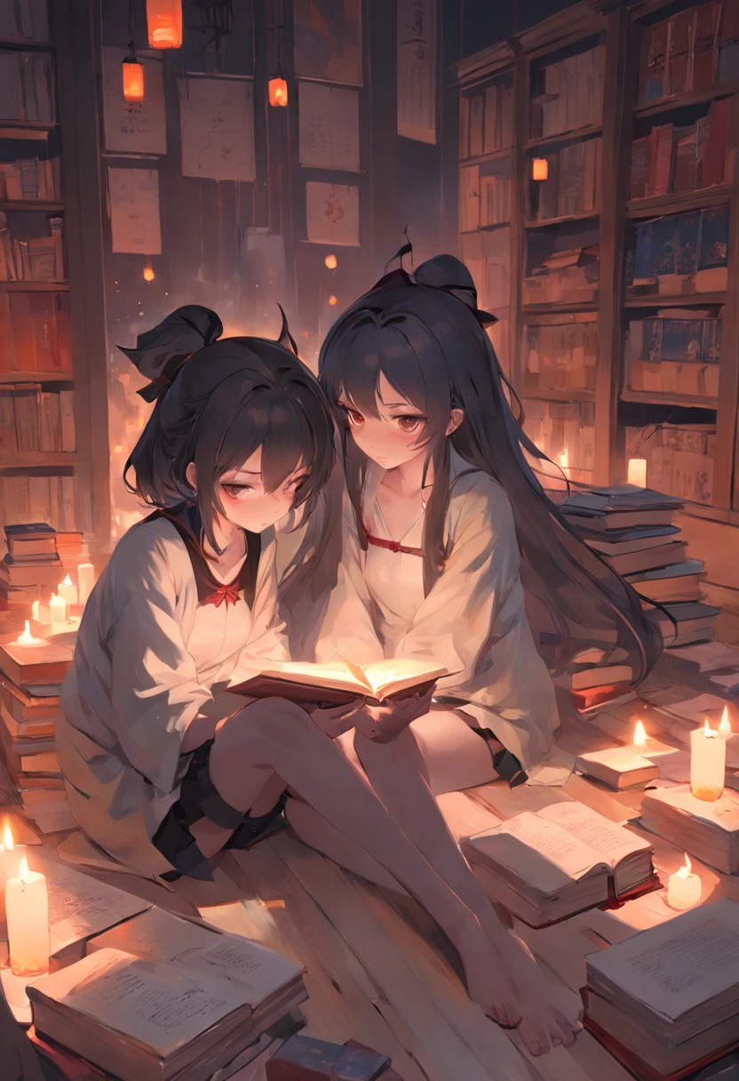 Two girls in anime sitting opposite each other on the floor with books and candles、artwork in the style of guweiz, guweiz on pixiv artstation, guweiz on artstation pixiv, guweiz, artgerm and atey ghailan, loish and ross tran, loish and wlop, wlop and sakimichan