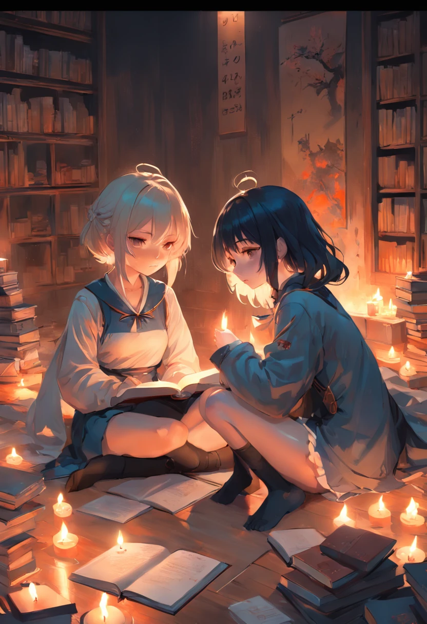 Two girls in anime sitting opposite each other on the floor with books and candles、artwork in the style of guweiz, guweiz on pixiv artstation, guweiz on artstation pixiv, guweiz, artgerm and atey ghailan, loish and ross tran, loish and wlop, wlop and sakimichan