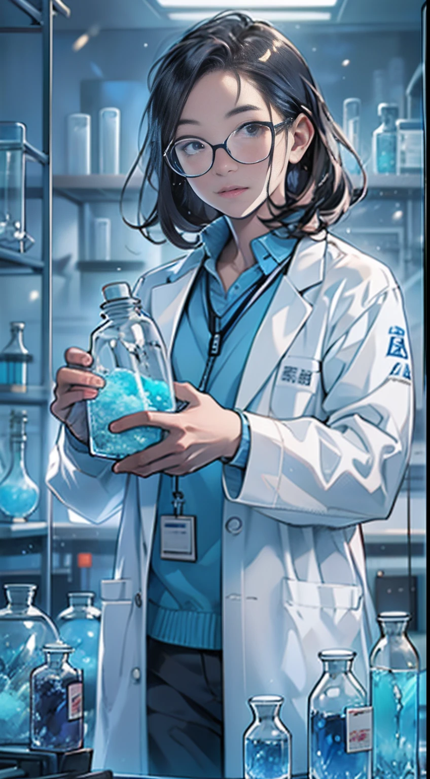 A scientist in a white lab coat stands in front of a lab equipment, holding a small bag of shimmering blue sea ice crystals, the lab is filled with test tubes, bottles, and equipment,,in the style of the stars art group xing xing, 32k, best quality, masterpiece, super detail, high details