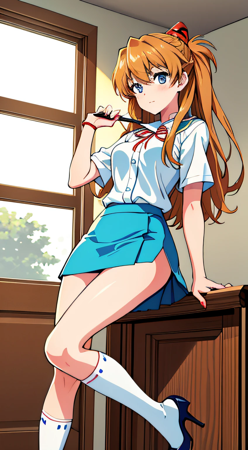 (Masterpiece, Best quality, Detailed), 1girll, Solo, Indoors, Office, Cowboy shot,souryuu asuka langley, skirt suit, Blazer, pencil skirts, White thigh socks, High heels, full bodyesbian