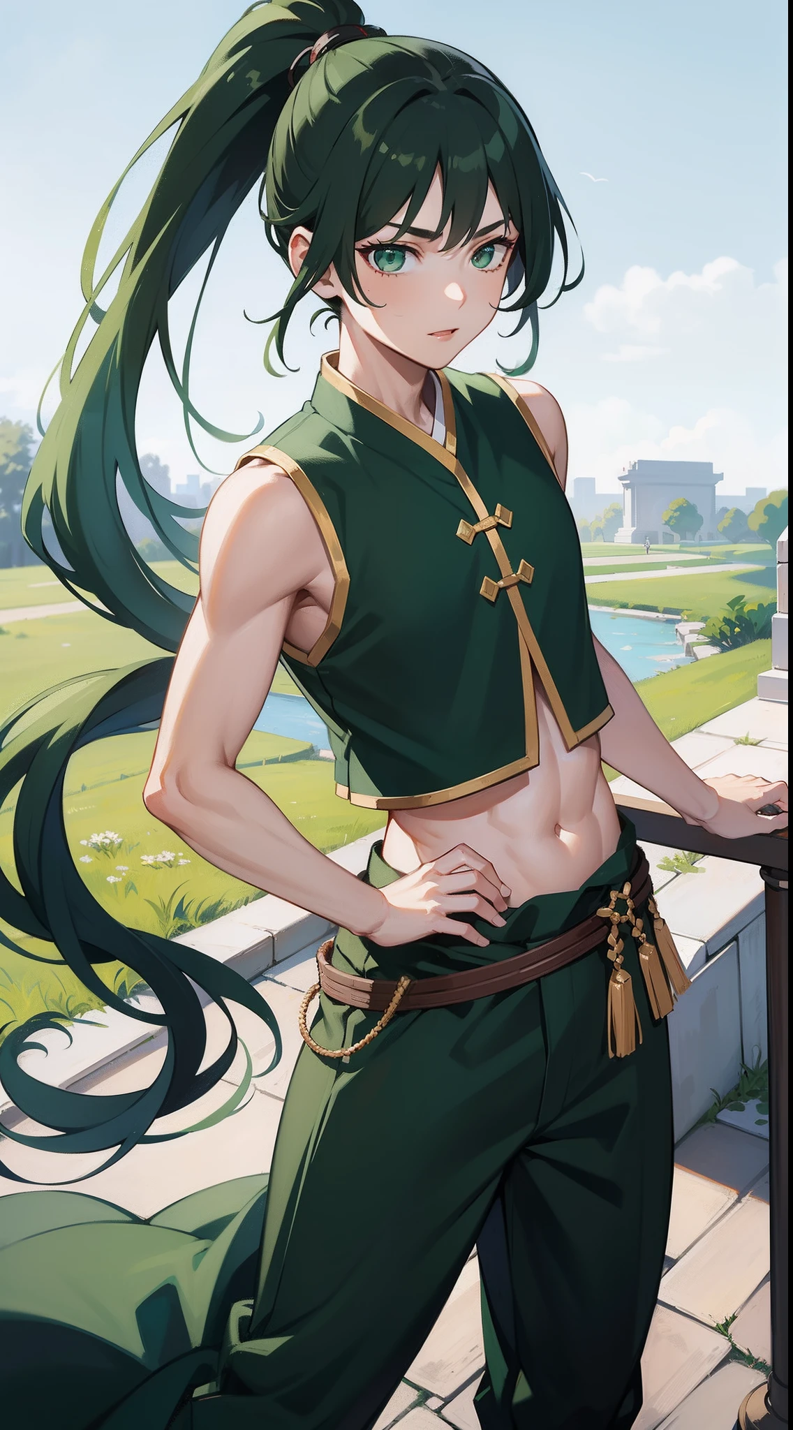 young boy, long dark green hair, high ponytail, Green eyes, Battle with Hanfu, Sleeveless, open belly, pants, Masterpiece, hiquality