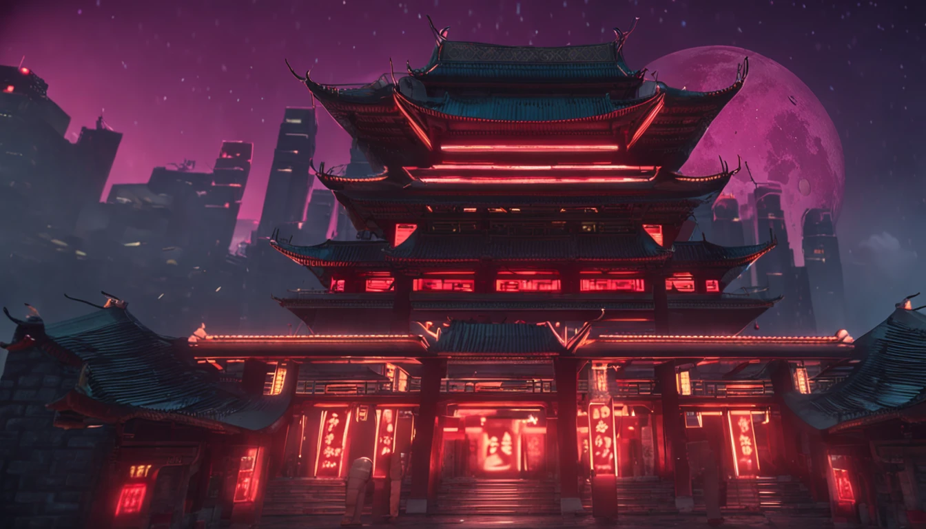 Close-up of Beijing Drum Tower，Ancient architecture combined with the city of the future，Cyberpunk night view，Front view，フォトリアリスティック，cinematic Film still from