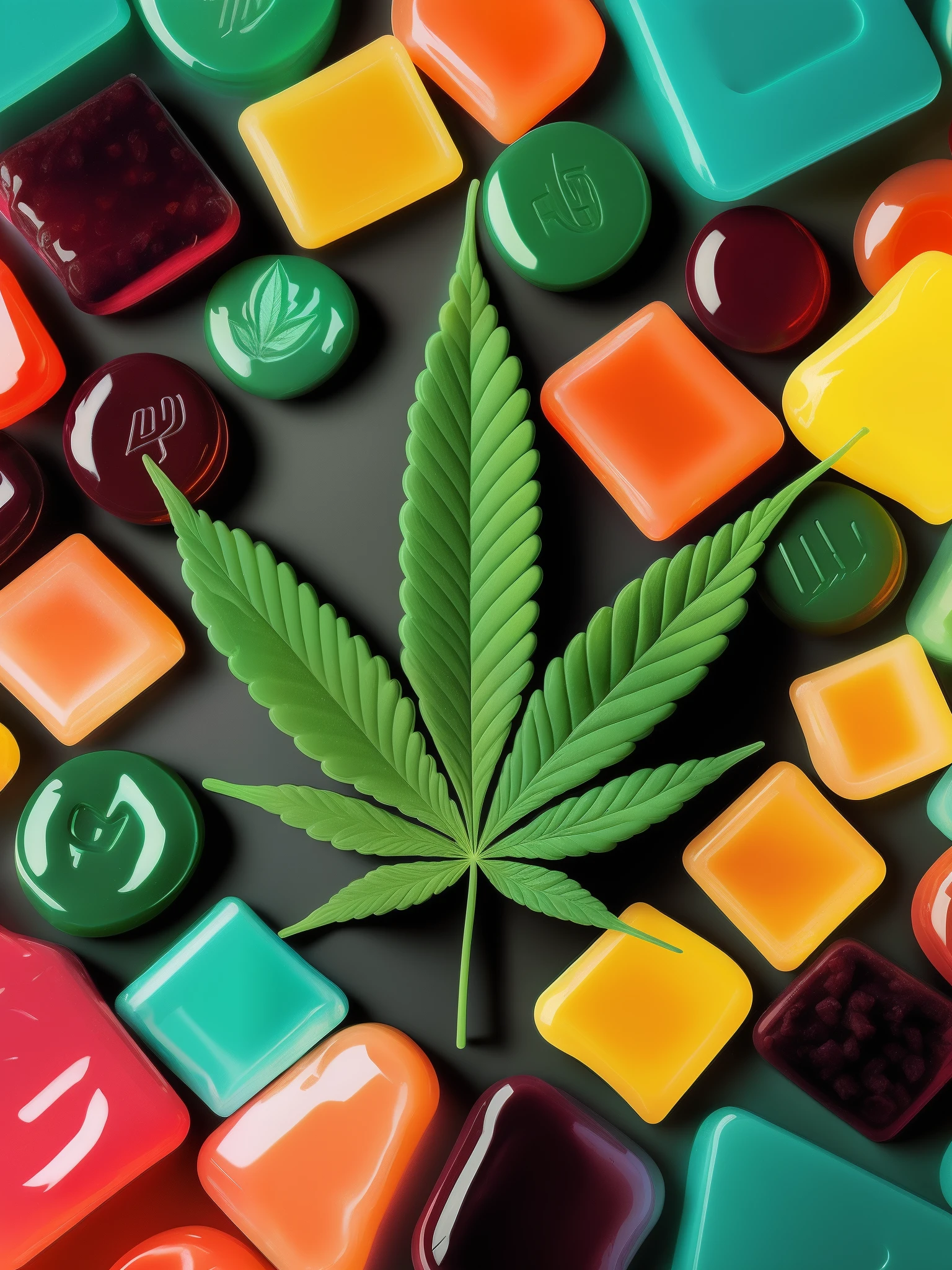 I need a logo for a cannabis-infused gummy business. The logo should reflect the fun and playful nature of the product. It should incorporate elements that represent both the cannabis plant and gummy candies. The logo should also convey a sense of quality and professionalism to assure customers of the product's safety and effectiveness. The colors used in the logo should be vibrant and eye-catching, while still maintaining a sense of sophistication. Overall, the logo should be memorable and easily recognizable, helping to establish the brand identity of the cannabis-infused gummy business.