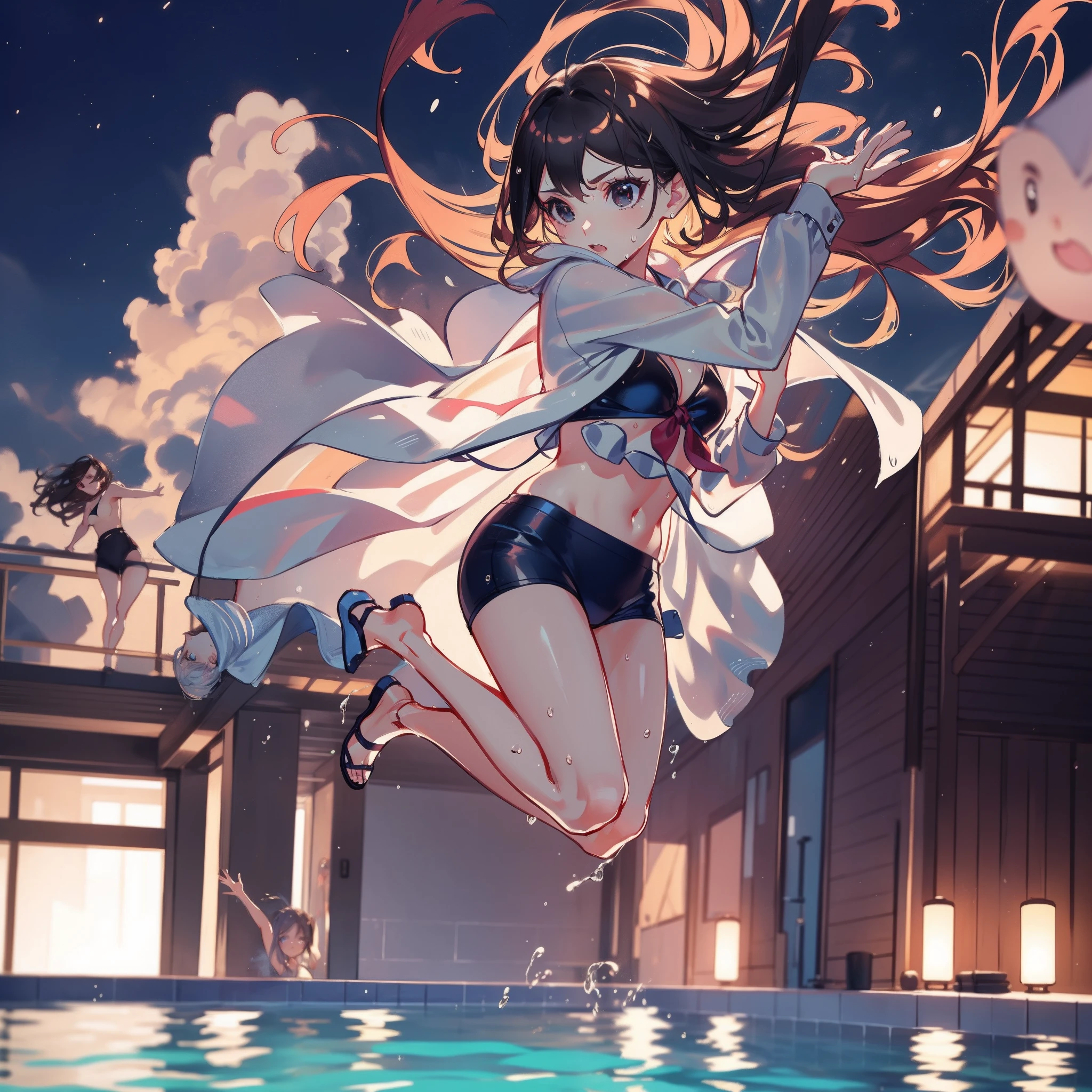 Wearing sweat,dynamic range,low angle,full body shot,medium shot:1.8,Mid summer,dynamic pose,The bikini,Night Pool:1.8,action:1.6,jumping into the pool,Blowing in the wind:1.5,Wet hair:1.3,2 girls, (Raw photo: 1.2), (Realism: 1.4), (masutepiece: 1.3), (exquisite detailing: 1.2), kiss,Delicate and beautiful details, (Eye Detail), (Facial Detailed), (Highest Quality) :1.4), (Hyper-Resolution: 1.2), cinematric light, (very detailed illustration), Best Quality,depth of fields, Wide light, natural shadows