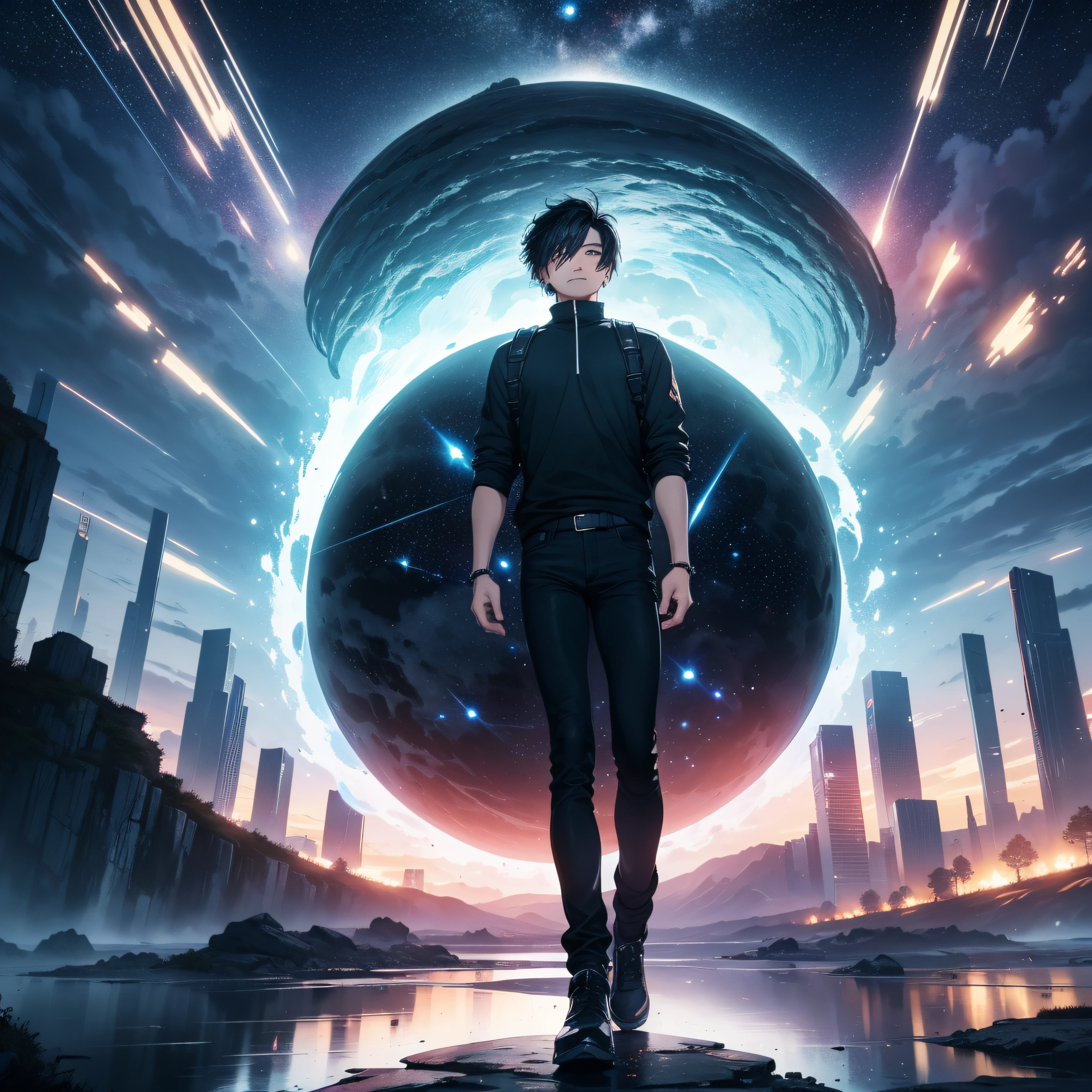 ((Best Quality, 8K, Masterpiece)), landscape, in front of portal, standing young man with black hair, black jeans, look at the stars, amazing scenery, hundreds of stars forming a circle, center of city, futures, bring long sword, the edge of the world, outstanding art, reflection.