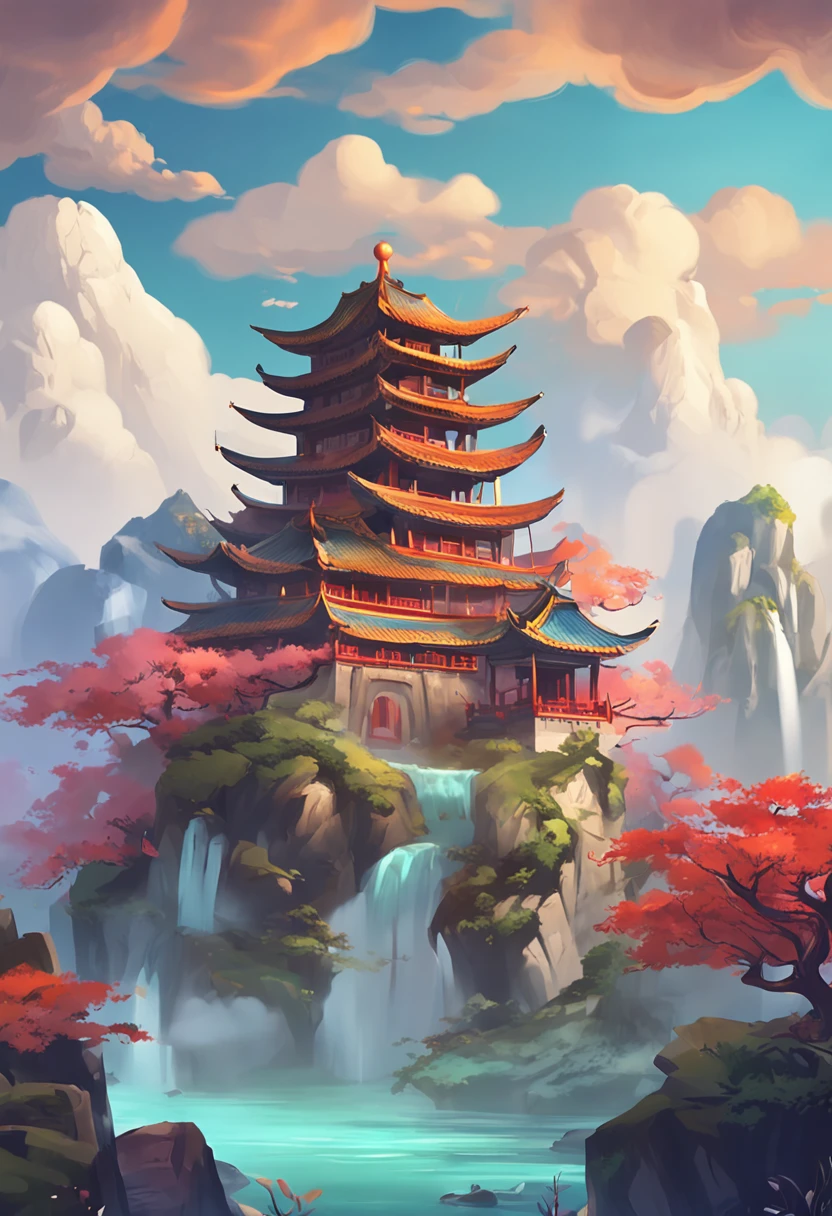 Chinese palace of the Tang Dynasty, in wonderland, surrounded by cloud, Far perspective, 。.。.3D, China-style, Reddish yellow tones。8K, High detail, Chiaroscuro, Depth of field, god light, stereograms, hyper HD, hyper HD, Textured skin, High details --auto