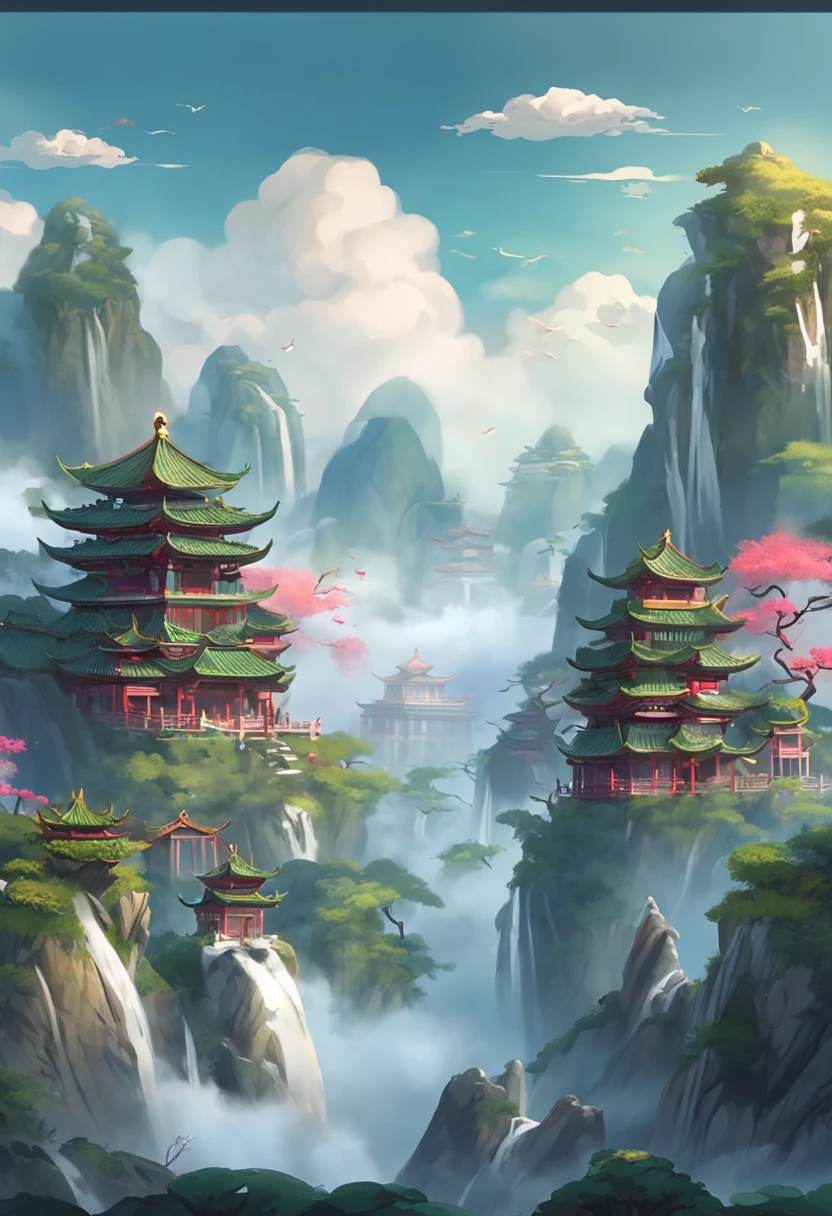 There is a waterfall in the mountains,Birds fly around, floating lands in-clouds, Onmyoji detailed art, background artwork, avatar landscape, arte de fundo, onmyoji, Cloud Palace, game background, floating city on clouds, Floating mountains, Chinese fantasy, Temple background, floating and flying island, Flying Island in the Sky, Island background,author:Albert Bierstadt, art stations, author:Kim Jang Yeol, author:Gao Yingxun, Cartographic, Top-down view,Beautiful lighting,in wonderland,In the distance are eight Chinese-style buildings,Tall and majestic Chinese architecture,Cloud fog,Penglai Immortal Island