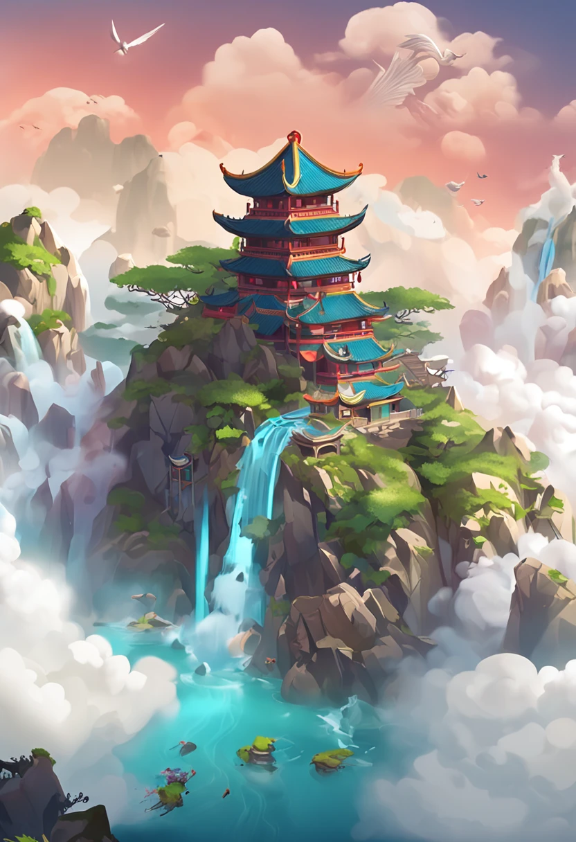 There is a waterfall in the mountains，Birds fly around, floating lands in-clouds, Onmyoji detailed art, background artwork, avatar landscape, arte de fundo, onmyoji, Cloud Palace, game background, floating city on clouds, Floating mountains, Chinese fantasy, Temple background, floating and flying island, Flying Island in the Sky, Island background，author：Albert Bierstadt, art  stations, author：Kim Jang Yeol, author：Gao Yingxun, Cartographic, Top-down view，Beautiful lighting，in wonderland，In the distance are eight Chinese-style buildings，Tall and majestic Chinese architecture，Cloud fog，Penglai Immortal Island