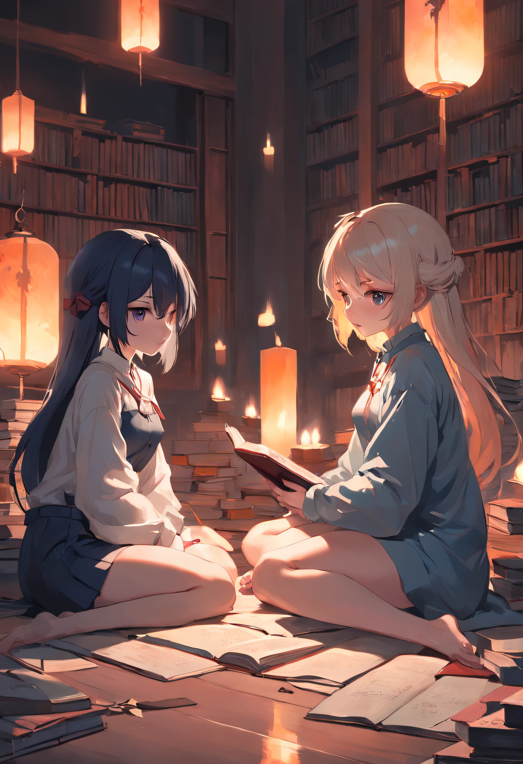 Two girls in anime sitting opposite each other on the floor with books and candles、artwork in the style of guweiz, guweiz on pixiv artstation, guweiz on artstation pixiv, guweiz, artgerm and atey ghailan, loish and ross tran, loish and wlop, wlop and sakimichan