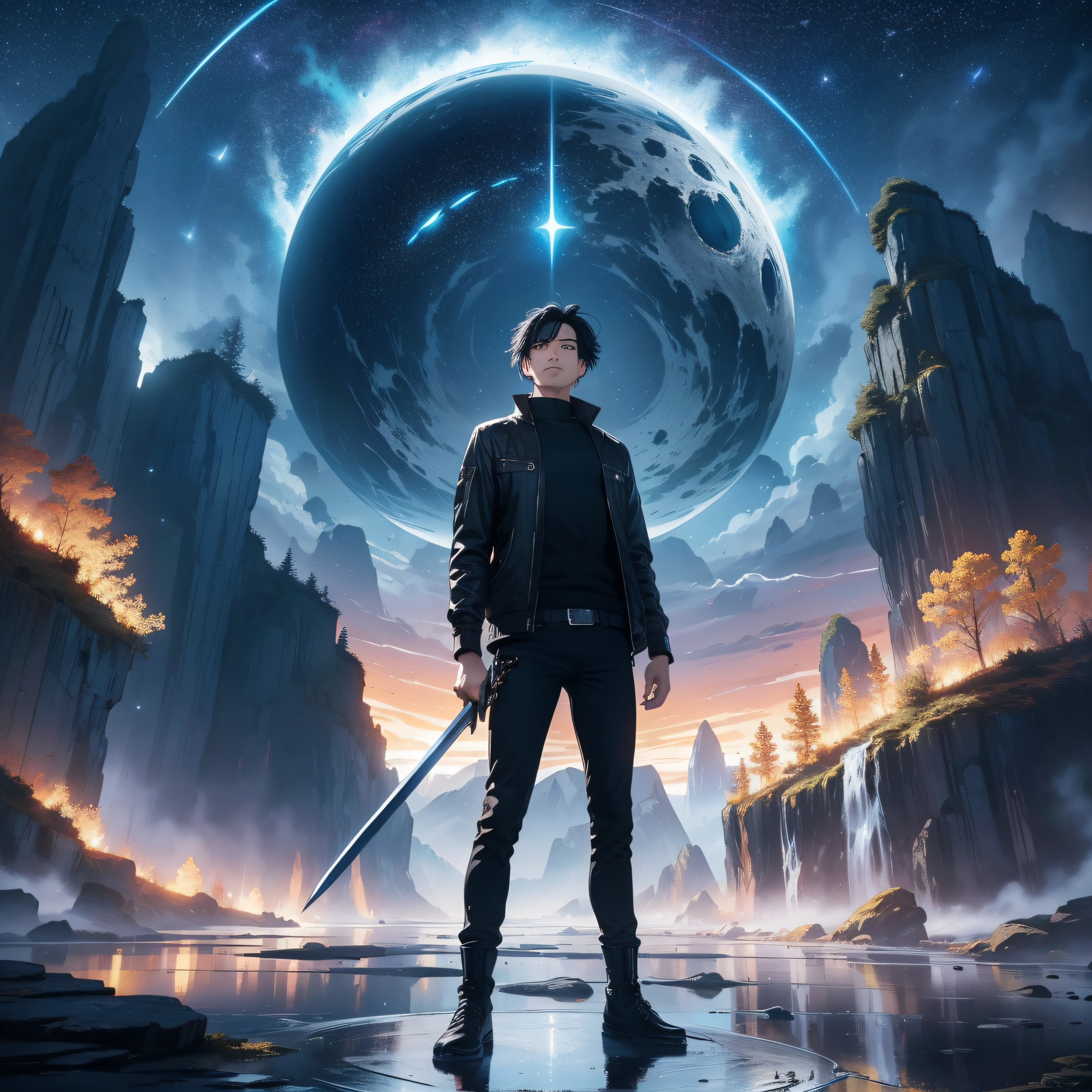 ((Best Quality, 8K, Masterpiece)), landscape, in front of portal, standing young man with black hair, black jeans, look at the stars, amazing scenery, hundreds of stars forming a circle, center of city, futures, bring long sword, the edge of the world, outstanding art, reflection.