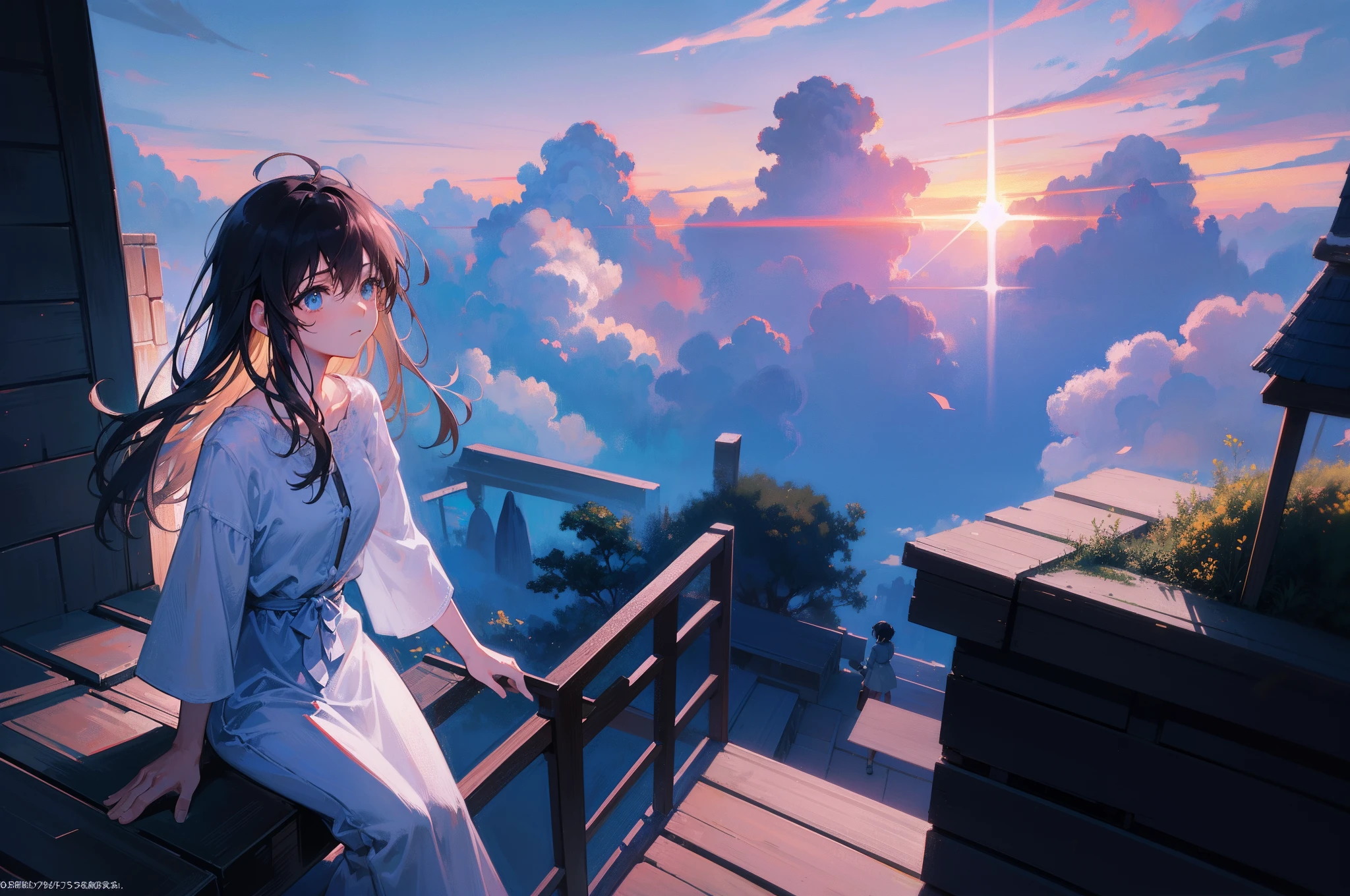 Create an exquisite illustration reminiscent of Makoto Shinkai's style, characterized by its superfine detail and top-tier quality. Create an exquisite illustration reminiscent of Makoto Shinkai's style, characterized by its superfine detail and top-tier quality. Generate a captivating illustration that vividly portrays a nostalgic and dreamlike sea of clouds, illuminated by the golden glow of the setting sun. Convey the ethereal beauty of this scene with meticulous attention to detail and a touch of enchantment. Let the clouds appear as if they're dipped in gold, radiating warmth and tranquility. Your task is to create an image that evokes a sense of timelessness and wonder, where reality blends seamlessly with the realm of dreams. The interplay of light and shadow should accentuate the cloud formations, enhancing their depth and texture. Through your artistic prowess, bring to life a mesmerizing landscape where the hues of the sunset create an atmosphere that feels both serene and magical, inviting viewers to lose themselves in the splendor of this golden-hued nostalgia.