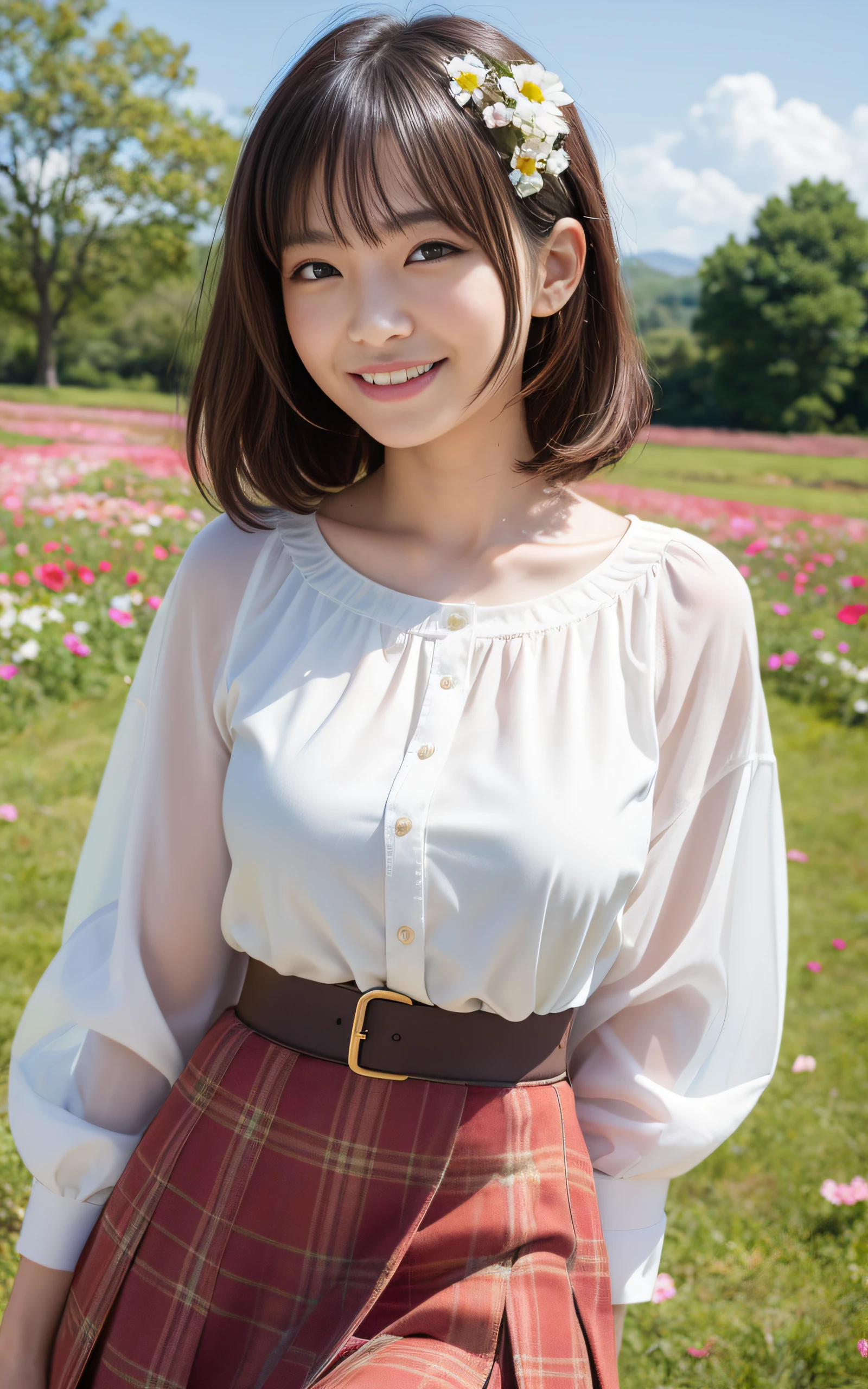 ((Best Quality, 8K, masutepiece: 1.3)), (Sharp Focus: 1.2), 1 girl, Neat and clean beauty, 20 years old, Japanese, Classy and elegant, A pretty girl with perfect figure, Cute, Shy, ((Medium hair swaying in the wind)), Big breasts, Smile, (Blouse: 1.1), Skirt, Highly detailed face and skin texture, Detailed eyes, Tranquil countryside covered in a blanket of blooming flowers