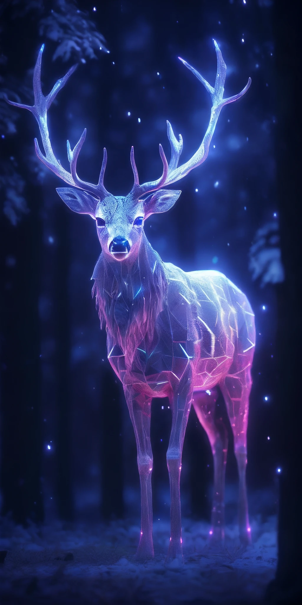 a close up of a deer with glowing antlers in a forest, 3d digital art 4k, digital art animal photo, digital artwork 4 k, holographic creatures, 4k highly detailed digital art, 8k high quality detailed art, 4k detailed digital art, 8 k ultra realistic animal, digital art 4k, digital art 4 k, detailed digital 3d art