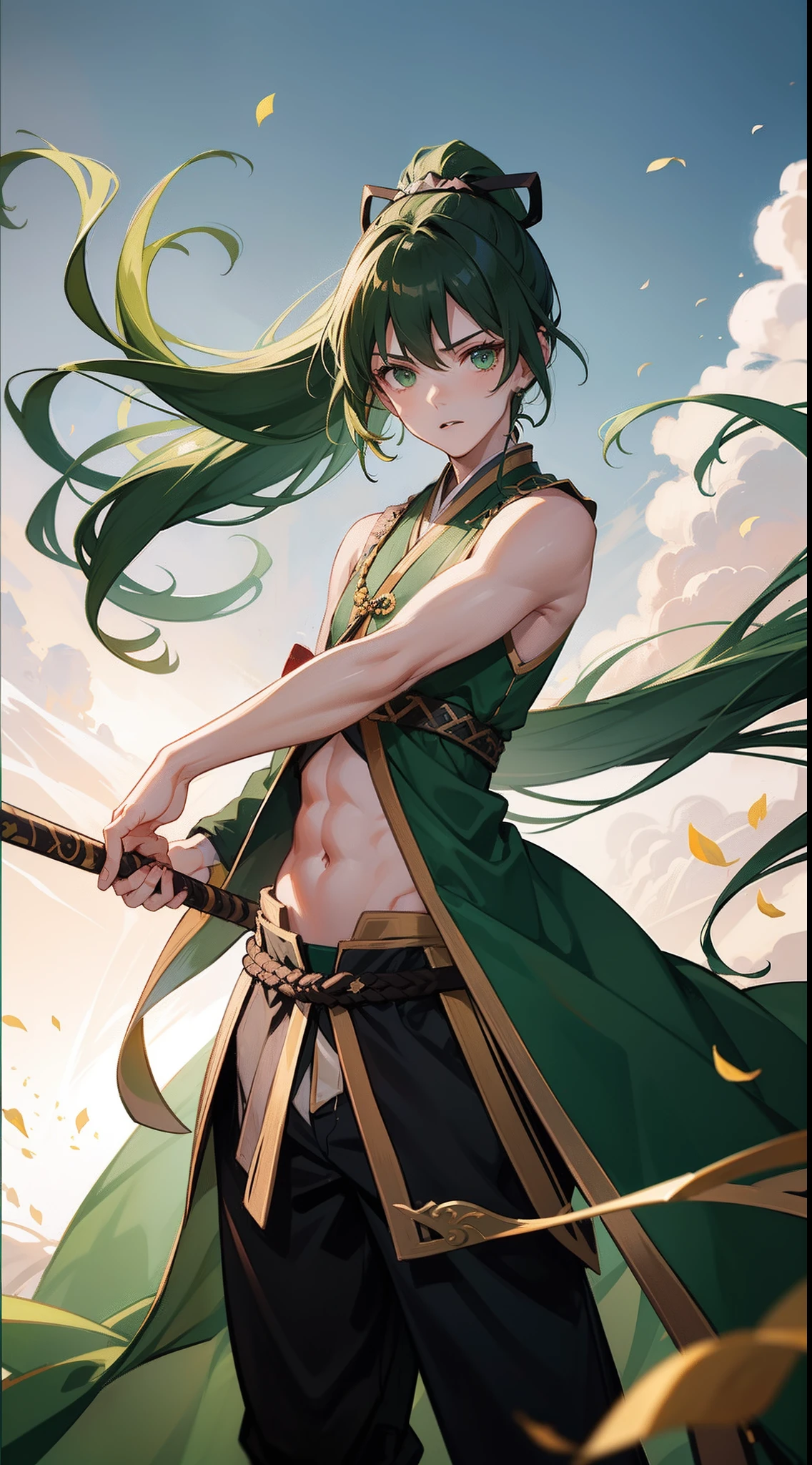 young boy, long dark green hair, high ponytail, Green eyes, Battle with Hanfu, Sleeveless, open belly, pants, Masterpiece, hiquality