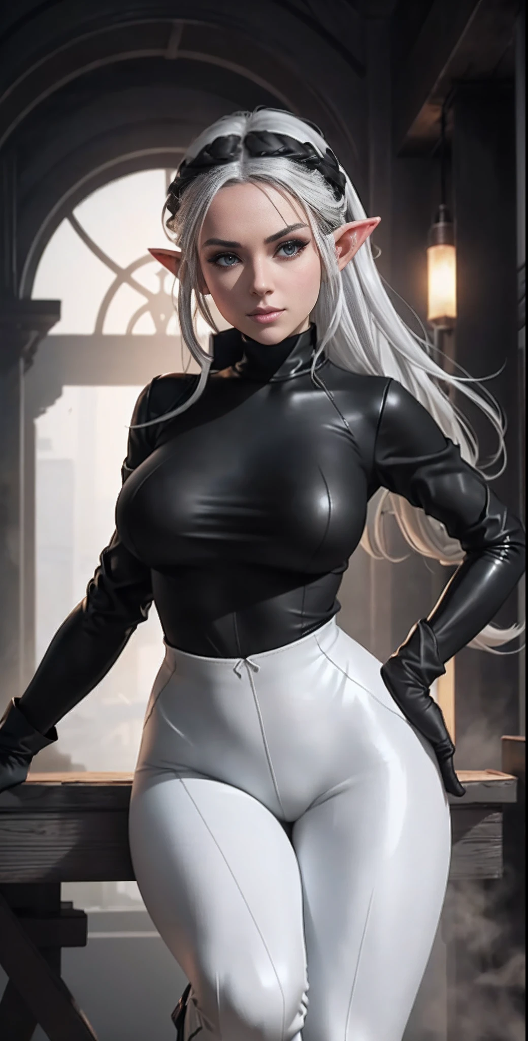 full body portrait of beautiful 1girl, solo, elf ((milf)), (very long) silver hair, tied in a knot, ((black tight long sleeve shirt)), (black knee-high riding leather boots), ((white leggings:1.2)), Anime style photo, Manga style, Digital art, glow effects, Hand drawn, render, 8k, octane render, cinema 4d, blender, dark, atmospheric 4k ultra detailed, cinematic sensual, Sharp focus, hyperrealistic, big depth of field, Masterpiece, colors, 3d octane render, 4k, concept art, trending on artstation, hyperrealistic, Vivid color, huge breasts, torture dungeon( black tight gloves:1.5), (looking at viewer), (seductive:0.8),(smile:0.3)(evil:0.5), (from below:0.7),confident, belt,