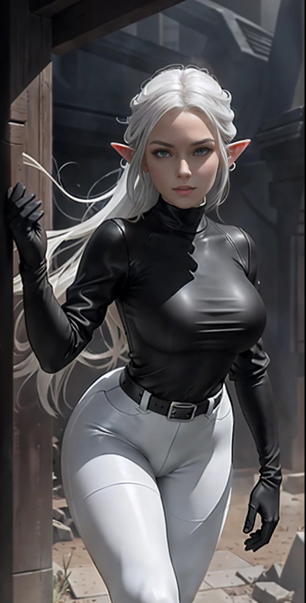 full body portrait of beautiful 1girl, solo, elf ((milf)), (very long) silver hair, tied in a knot, ((black tight long sleeve shirt)), (black knee-high riding leather boots), ((white leggings:1.2)), Anime style photo, Manga style, Digital art, glow effects, Hand drawn, render, 8k, octane render, cinema 4d, blender, dark, atmospheric 4k ultra detailed, cinematic sensual, Sharp focus, hyperrealistic, big depth of field, Masterpiece, colors, 3d octane render, 4k, concept art, trending on artstation, hyperrealistic, Vivid color, huge breasts, torture dungeon( black tight gloves:1.5), (looking at viewer), (seductive:0.8),(smile:0.3)(evil:0.5), (from below:0.7),confident, belt,