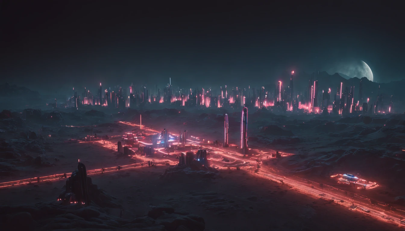 Cyberpunk cityu on the Tuopia Planitia, on Mars, night, view from afar, neon lights