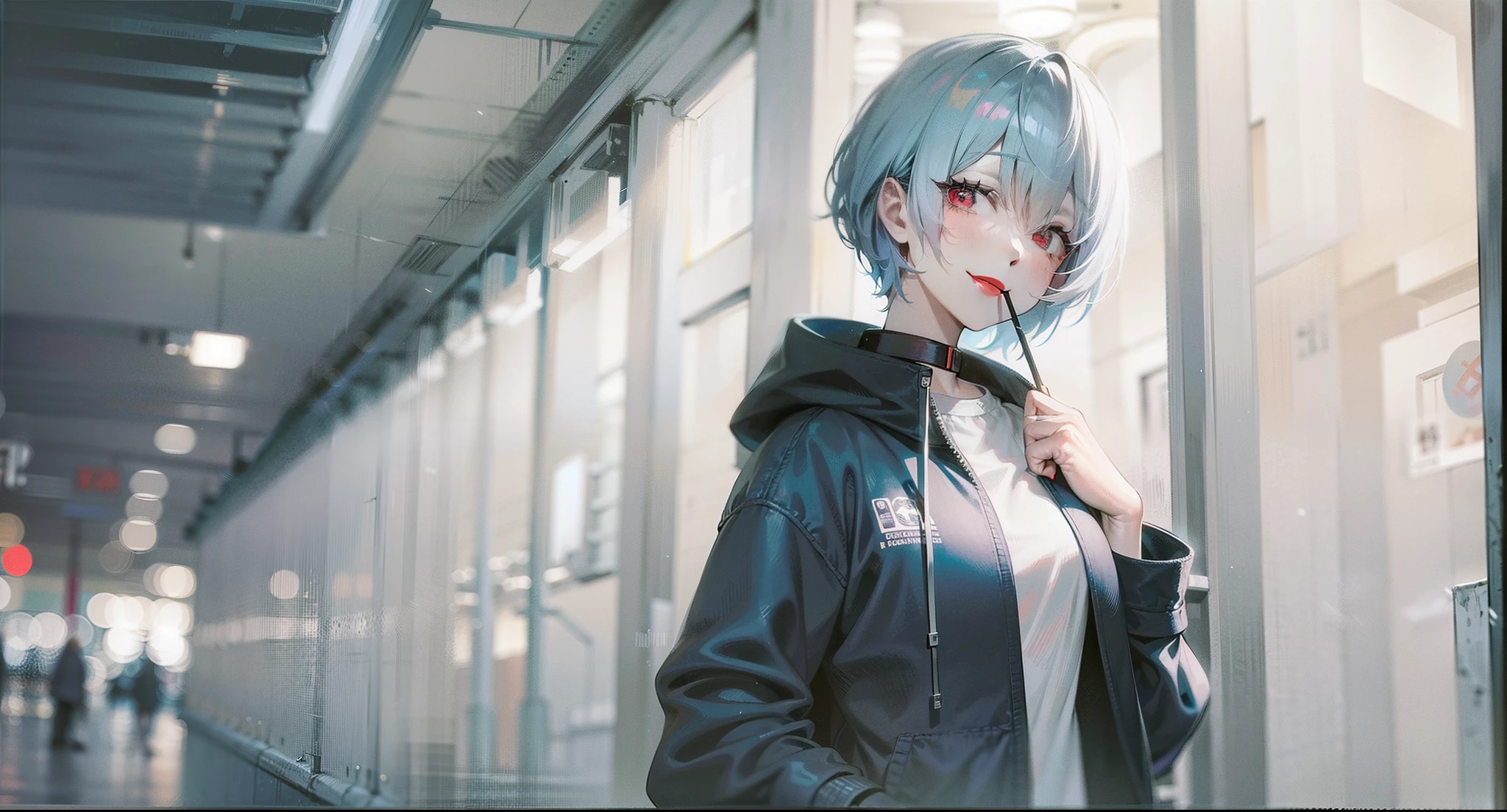 Anime image of a woman with light blue hair and a black jacket, A white shirt is worn under a black jacket,red lipstick on his mouth,Look at you with red eyes,Smile at you,Anime girl Rei Ayanami Majin, Leaning on the pillars of the subway,from evangelion