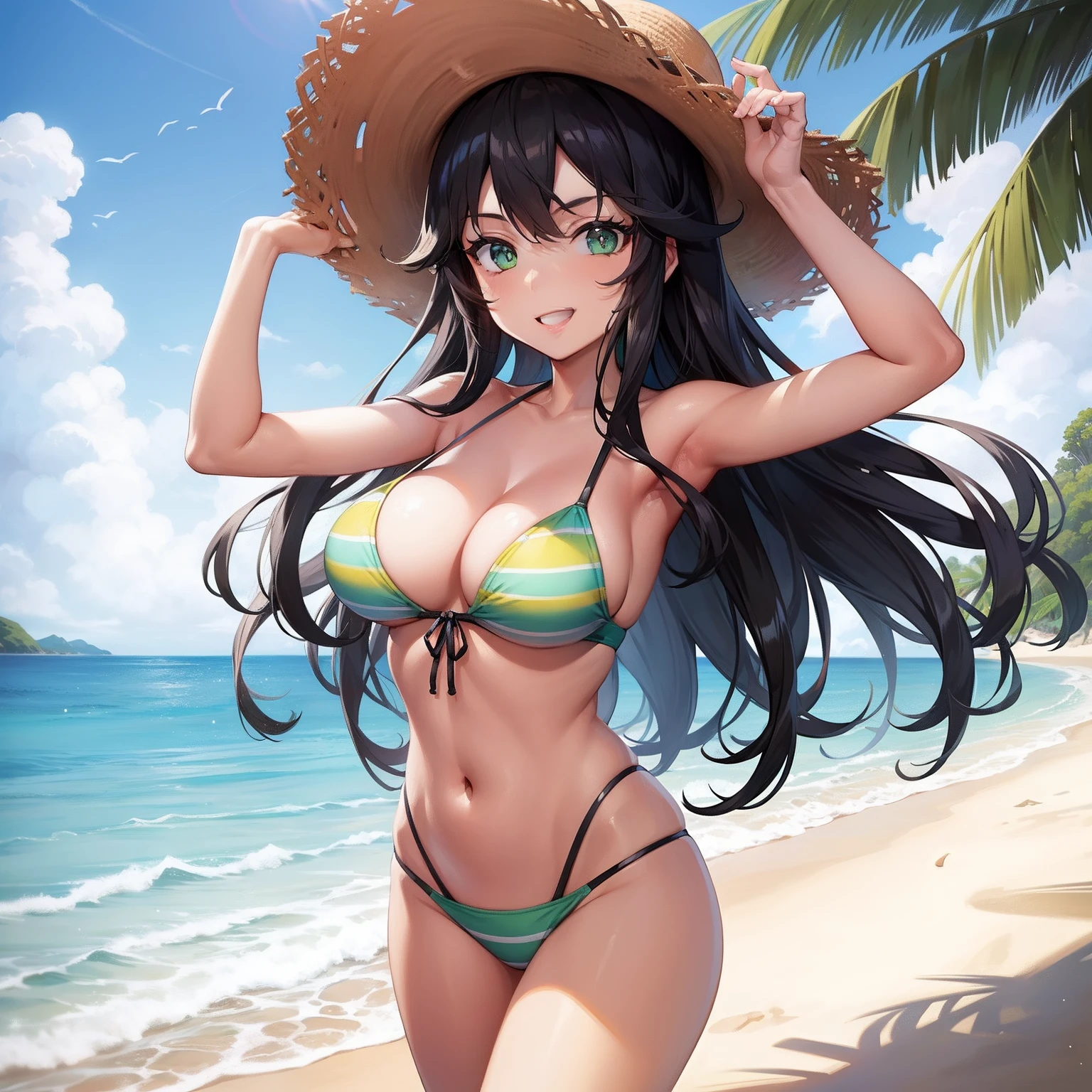 Girl, beachwear, big green eyes, walking on sand, black hair, beach hat, smiling