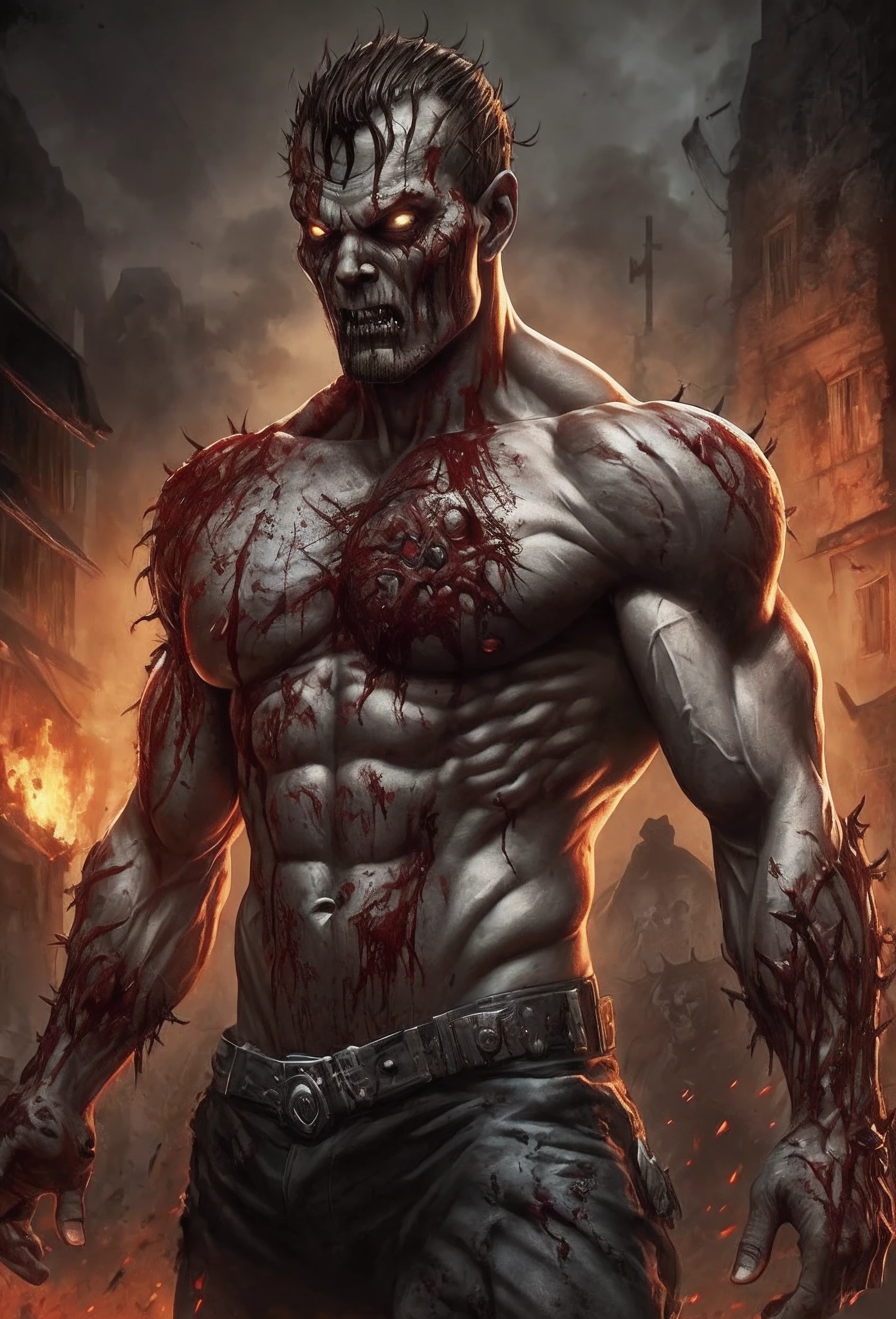 close-up of a man with a zombie face and a bloody body, Muscular male undead cyborg, Zombies from Doom Eternal, muscular and terrifying, Goro from Mortal Kombat, A character from Mortal Kombat, epic portrait of menacing, Zombie cyborg, Body horror, in a threatening posture, Zombies in horror concept art, Концепт-арт Resident Evil Virus, The body is a horror