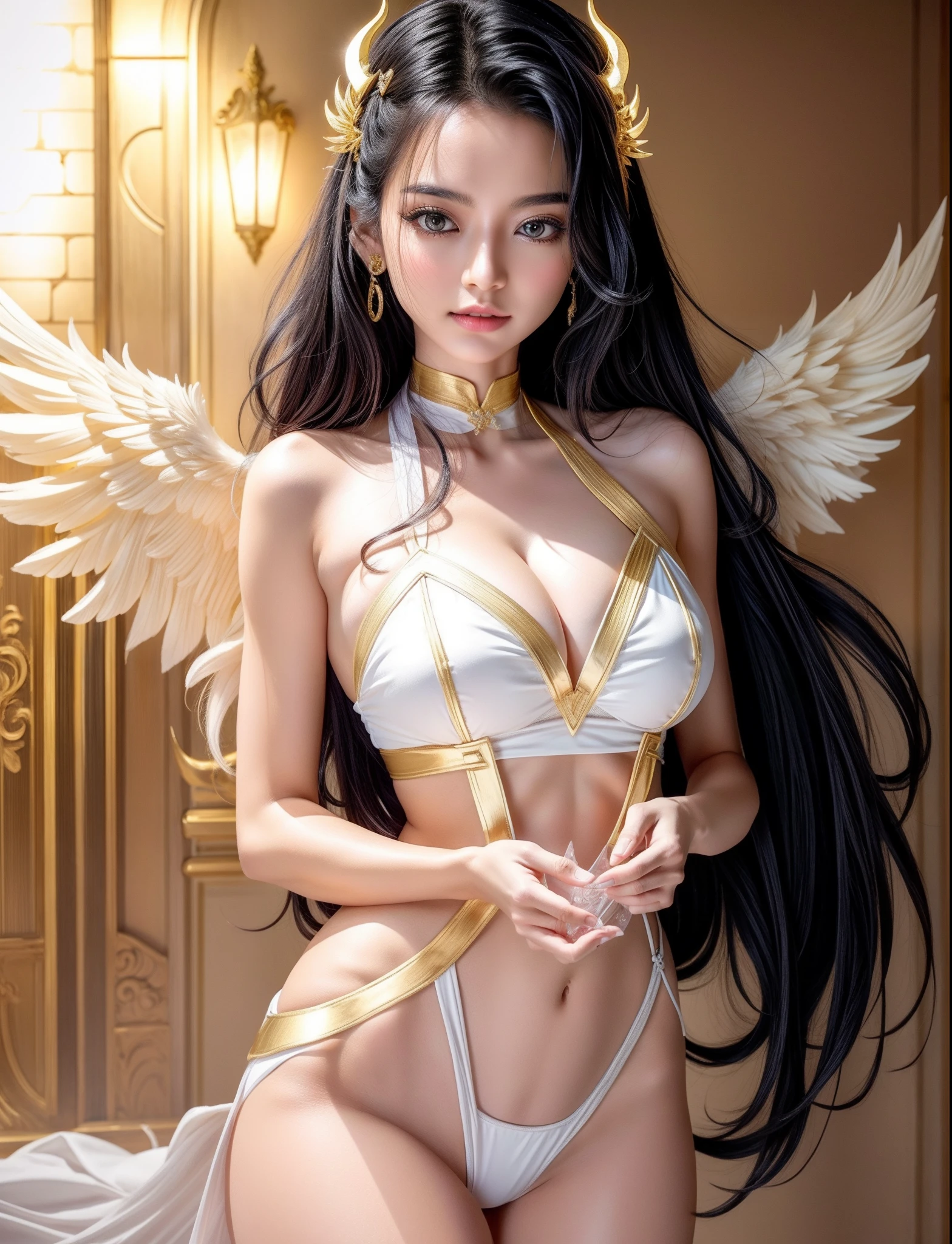 magical beings,Has an incredibly cute look,Long flowing black hair
in order to《Good demon angel stripper》The core style is Hell's Spirits, White and gold bikini, Background brightness,Fall core,Ultra-realistic and ultra-detailed, Stunning composition,Excessive emotionality, Epic cinematic lighting, 32K Ultra HD resolution, Made by DAZ3D,Shcherma Dam