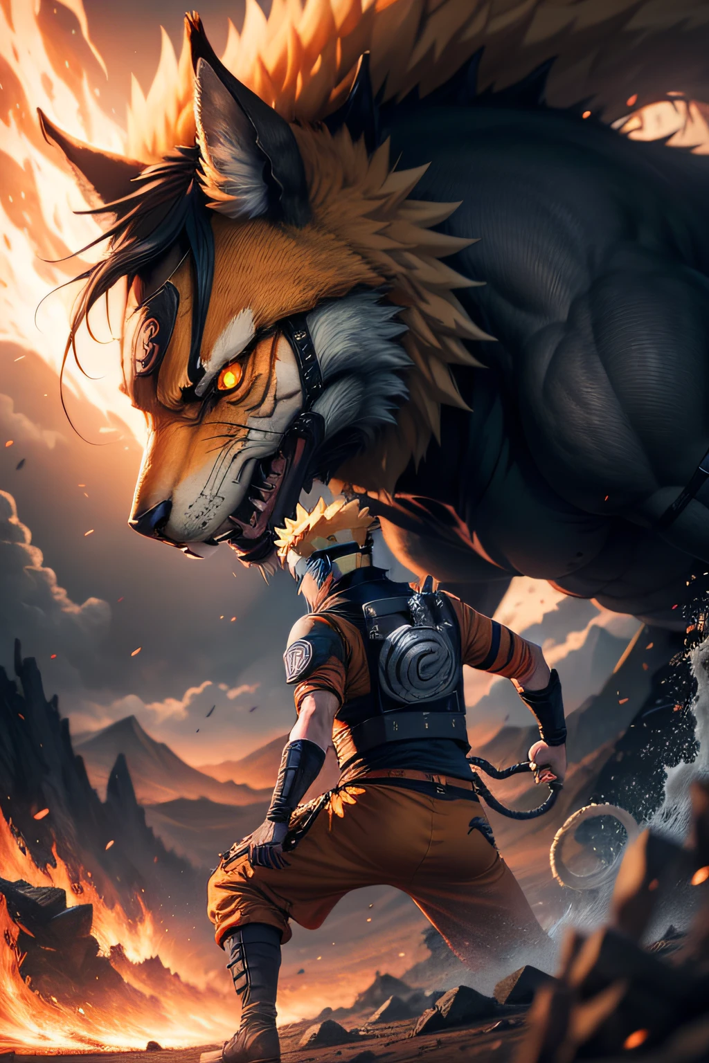 Naruto in a battlefield, nine tailed beast in the background full hd image