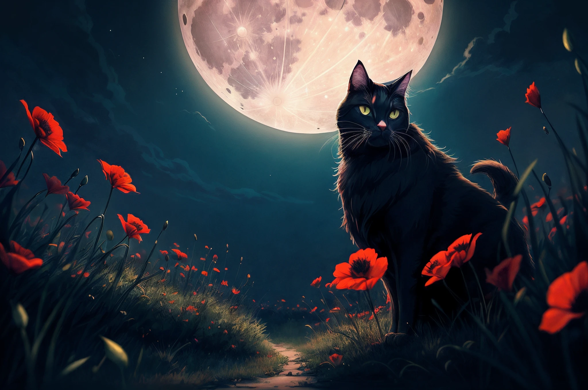 there is a cat that is standing in the grass with a full moon, warrior cats fan art, warrior cats, 4k highly detailed digital art, stunning digital illustration, beautiful digital artwork, 4k detailed digital art, beautiful digital illustration, calm night. digital illustration, cat. digital painting, 4 k hd illustrative wallpaper, background artwork, very very beautiful furry art