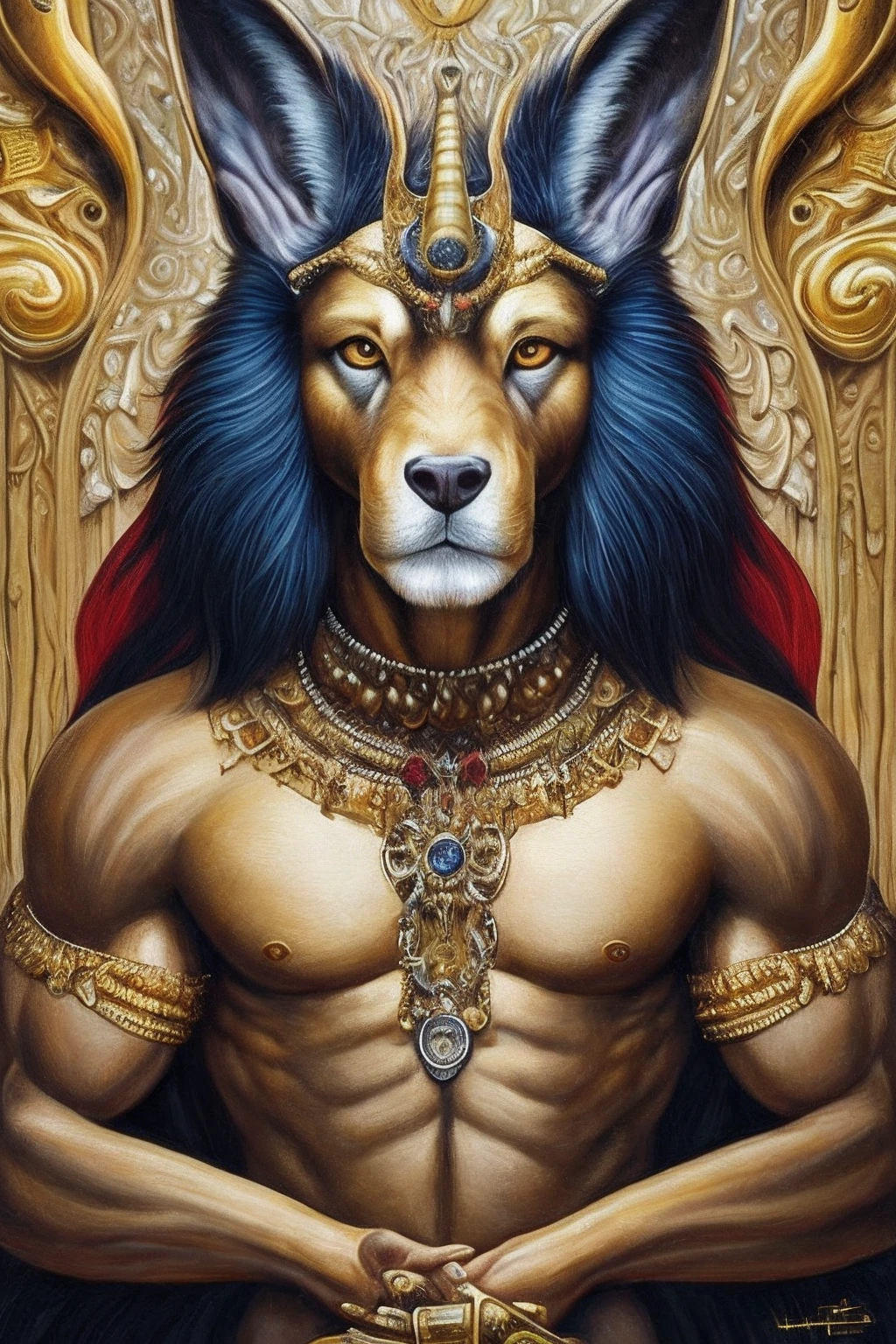 There is a painting, the painting is about baphomet with a golden head and hornes, portrait of mystical Anubis, hyperdetailded fantasy character, 4k detail fantasy, half man and half beast, muscle man, in a high definition background