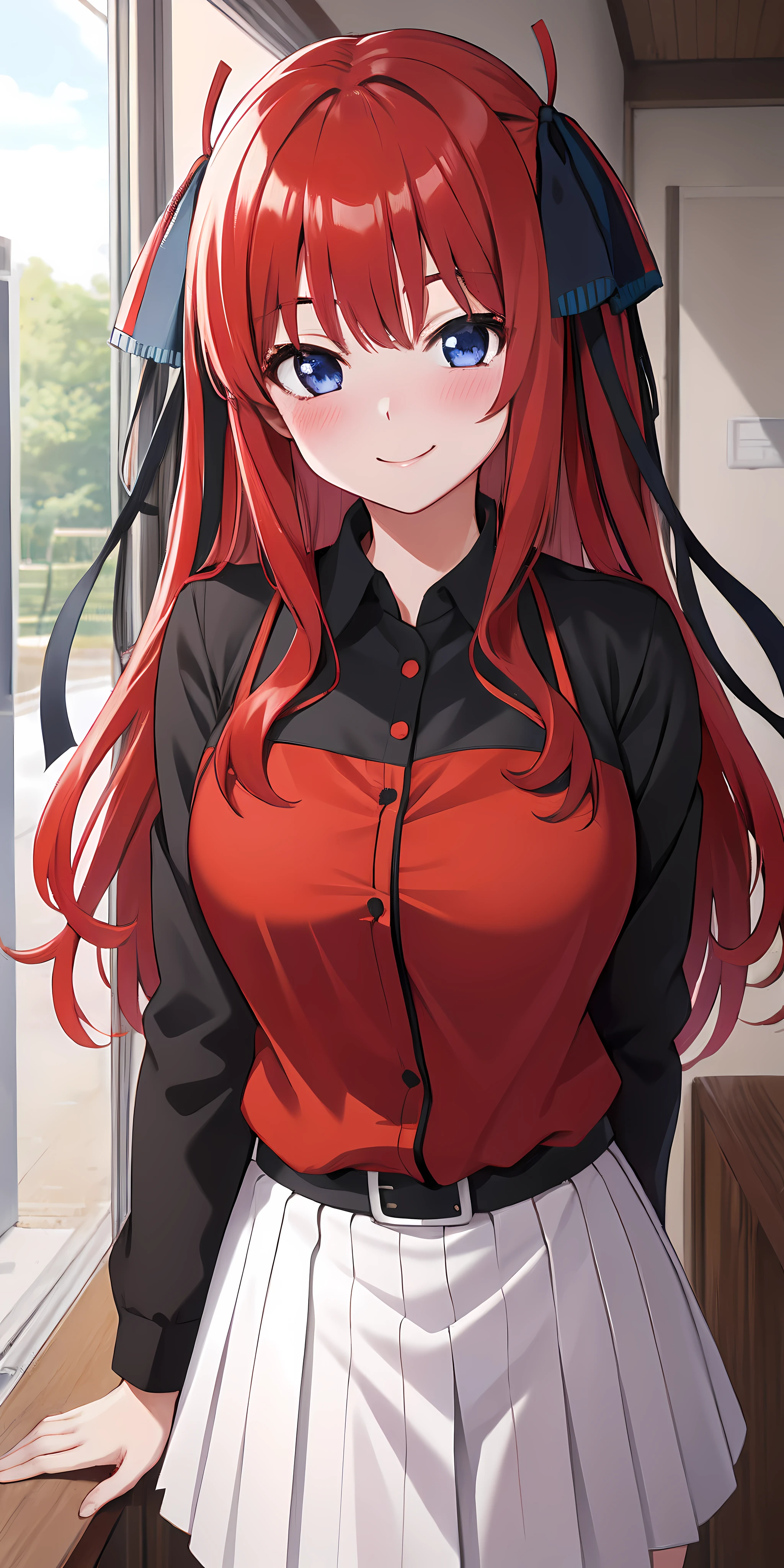 (Best quality:1.3), nakano nino, red long hair, large round breasts, uniform, smiling, blushing:1.1, (pov)