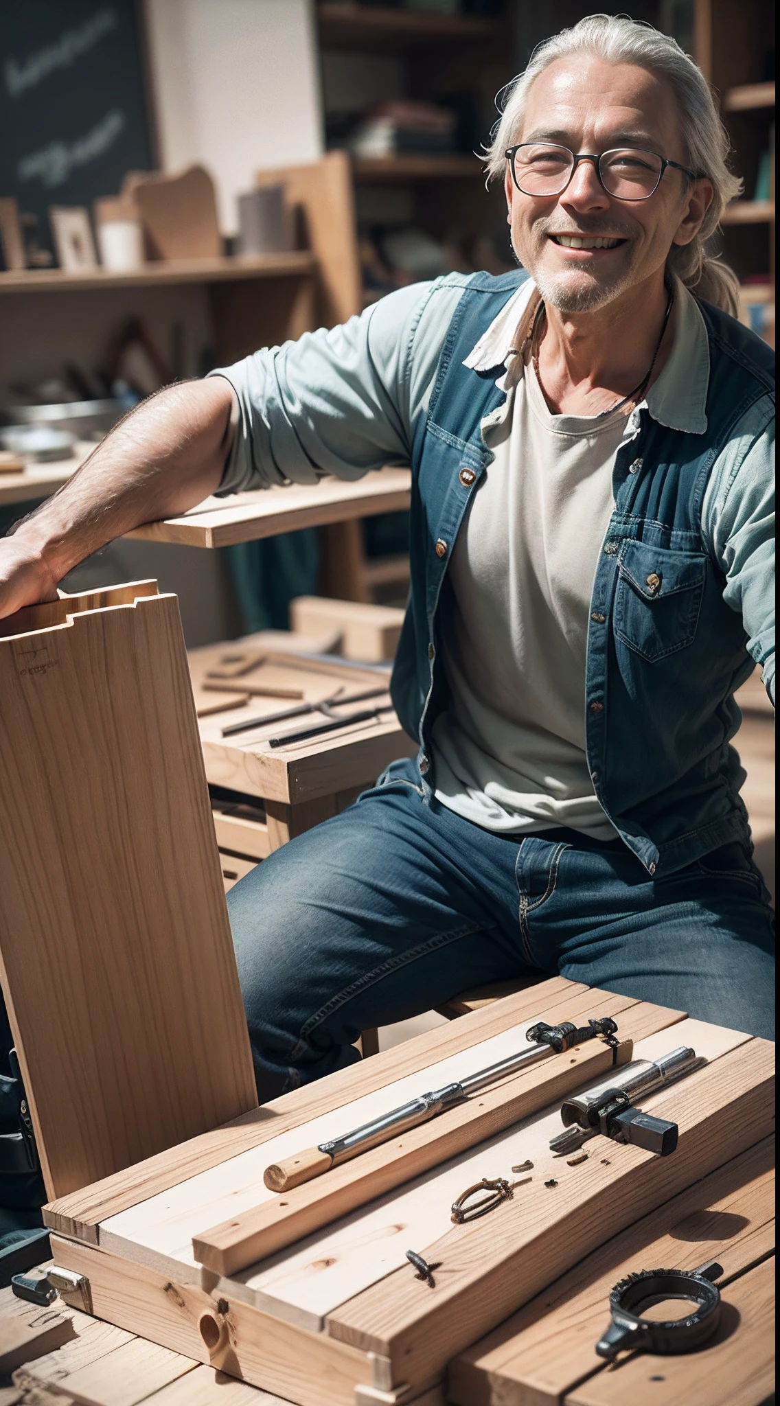 relalistic 32k image, that should be very attractive to illustrate a woodworking enthusiast, smiling while working on a piece of wood, surrounded by his tools and projects in progress. Conveying the idea of pleasure and fulfillment in the creation process, in addition to highlighting the connection between manual work and creative expression. The image also includes details of completed projects as chair, bank for backyard and table alheady finished as a blending of images, showing the diversity of pieces that can be created through DIY woodworking, reinforce the idea that motivation and inspiration are present in each project, from the beginning to the final result, (balanced composition), high quality and realistic image, cinematic style, ((Best quality, 8k, Masterpiece), professional photography, (high detail:1 1), real photo, film photography, high resolution, 8k, realistic, volumetric lighting,highly detailed, sharp focus, high contrast, contrast day lighting, full coloursl, exposure blend --auto --s2