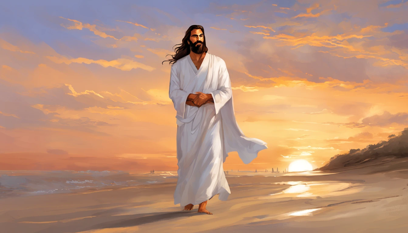 Jesus Christ standing on the beach, olhando para o horizonte do mar. He wears a white tunic with a golden band at the waist. His face has an expression of peace and wisdom. The wind swings her long light brown hair. At his side is one of his disciples, olhando admirado para Jesus. The disciple has dark hair and beard. They're both barefoot in the soft sand. The sky at dusk is in orange and purplish hues. The sea is calm with gentle waves. The water reflects the light of the sunset in golden tones. The scene conveys tranquility and connection with nature. It is photographed with soft focus, cores vibrantes e profundidade., Thick fog on the ground, Luz azul no horizonte, Motor Unreal 5, cinemactic, Low-angle photography, motion blur, profundidade de campo, dust, Cobblestones and dirt. Arte Splash, pingando tinta. Perfect color classification. influenciado por karel Appel e jeremy mann, Full of dramatic and threatening scenes, hiper-detalhado, Beautiful, detalhes insanos, detalhes intrincados, fotografia editorial, Fotografado com uma lente de 50mm, profundidade de campo, Tilt Blur, velocidade do obturador 1/1000, F/22. Mapas de luz, super brilhante