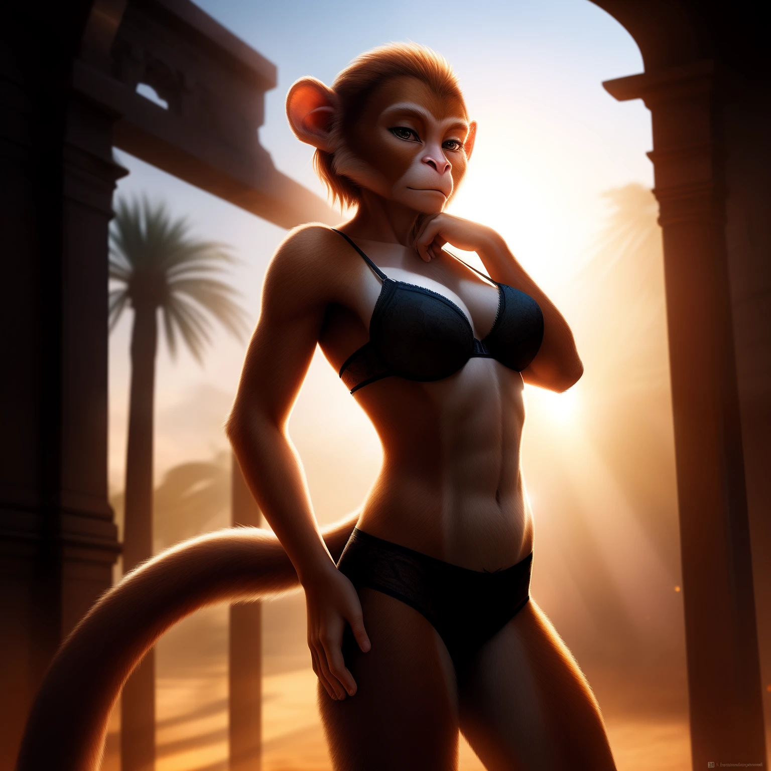 Anthro women, tiny Kong,  bra, detailed background, monkey, female furry, (multicolored fur), masterpiece, detailed fur, realistic fur, monkey ears, fluffy tail, full body, detailed skin, detailed face and eyes, higher body and limbs detail, realistic proportions, detailed lighting, cinematic lighting, detailed ambient light, gray natural lighting, backlighting, crepuscular ray, half body shadow, sharp focus cgi, photorealistic, high detail, realistic, masterpiece, absurdres, best quality, HDR, high quality, high-definition, extremely detailed, 8k wallpaper, intricate details, 8K uhd, Full-HD, (realistic photo:1.2), contrast, harsh lighting, cinematic lighting, natural lighting, hard light, backlighting, global illumination, ambient occlusion, depth of field, Field of View, lens flare, bloom, stunning environment