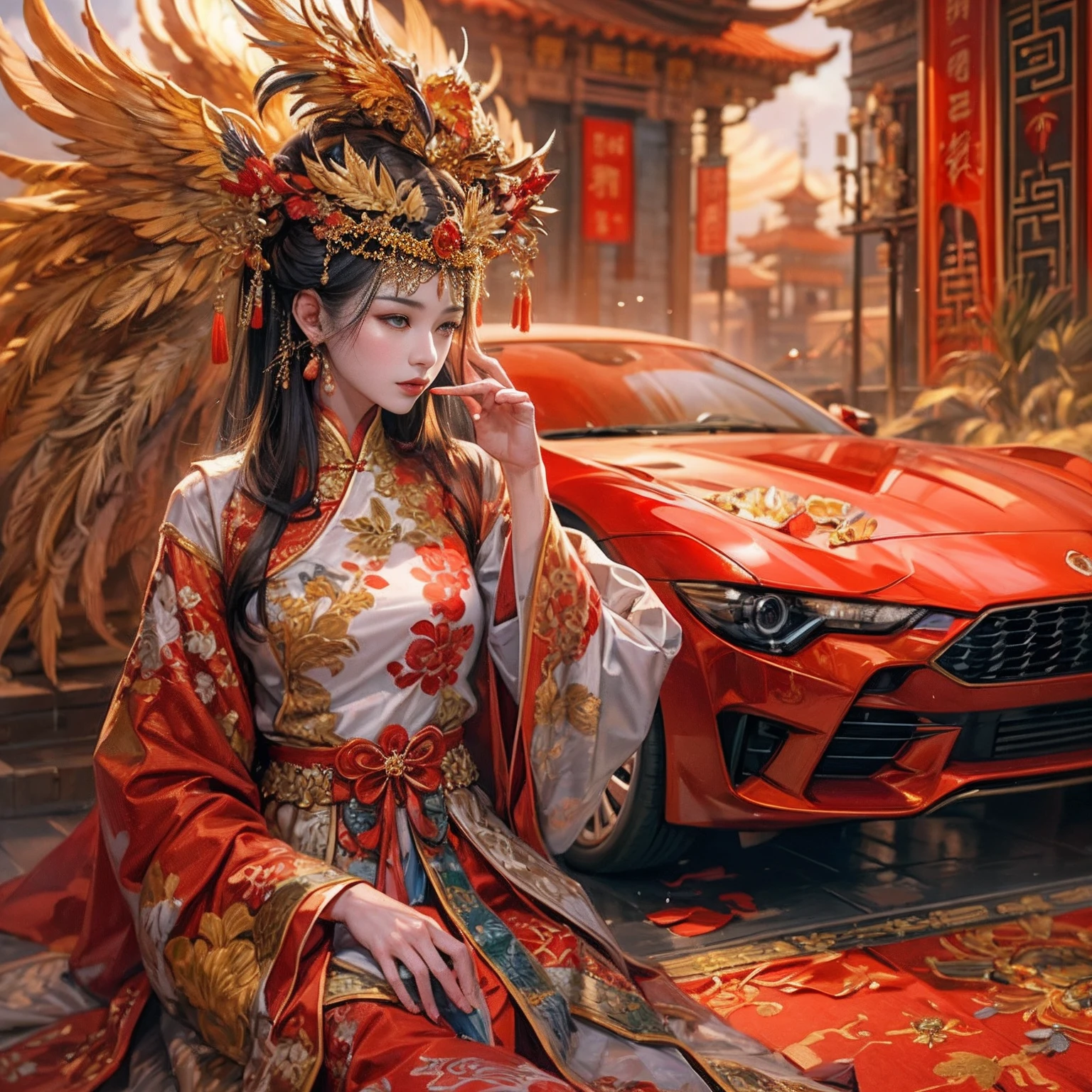 A woman in a red Chinese costume stands next to a supercar,Exquisite phoenix crown,anatomy correct,A detailed eye, 二重まぶた,Whiten skin,delicate patterned,Oriental elements,Ink painting style, Clean colors,Golden space, Soft lighting, ( Bokeh),Masterpiece, Super detailed, Epic composition, Highest quality, 4K
