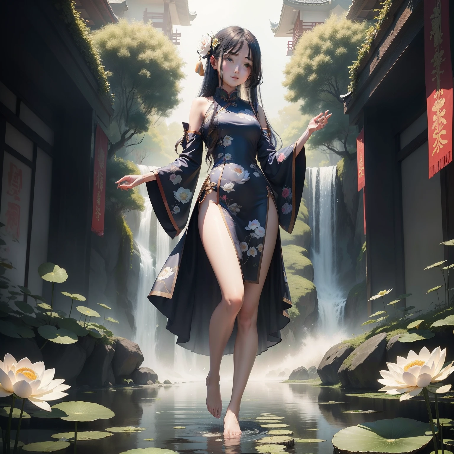 (full bodyesbian:1.),(1girll:1.3),(anatomy correct:1.4),(Dance in the green forest:1.2),(Wear a cheongsam:1.2),(cabellos largos dorados:1.2),(Accurate and perfect face:1.3),(Long legs:1.5),hyper HD, Ray traching, reflective light, structurally correct, Award-Awarded, High detail, Fade-in and fade-out shadow contrast, Face lighting ,Cinematic lighting, Masterpiece, super detailing, High quality, High detail, Best quality, 16k,High contrast,