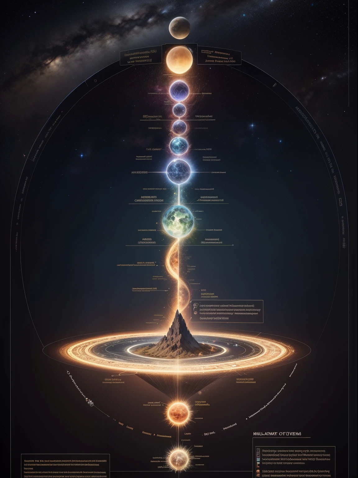 Schematic diagram of the structural hierarchy of the Mount Meru multiverse,at centre,Detailed chart annotations,boundage,Border,Planetary hierarchy,Surrounded by stars,Star chart,Detailed details are plentiful,Charts,Astronomy Teaching Diagram,