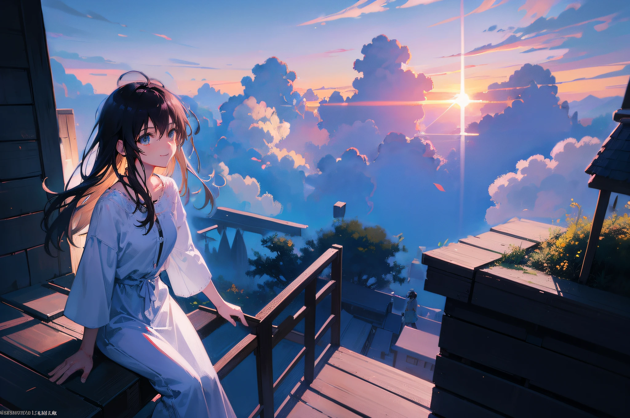 Create an exquisite illustration reminiscent of Makoto Shinkai's style, characterized by its superfine detail and top-tier quality. Create an exquisite illustration reminiscent of Makoto Shinkai's style, characterized by its superfine detail and top-tier quality. Generate a captivating illustration that vividly portrays a nostalgic and dreamlike sea of clouds, illuminated by the golden glow of the setting sun. Convey the ethereal beauty of this scene with meticulous attention to detail and a touch of enchantment. Let the clouds appear as if they're dipped in gold, radiating warmth and tranquility. Your task is to create an image that evokes a sense of timelessness and wonder, where reality blends seamlessly with the realm of dreams. The interplay of light and shadow should accentuate the cloud formations, enhancing their depth and texture. Through your artistic prowess, bring to life a mesmerizing landscape where the hues of the sunset create an atmosphere that feels both serene and magical, inviting viewers to lose themselves in the splendor of this golden-hued nostalgia.